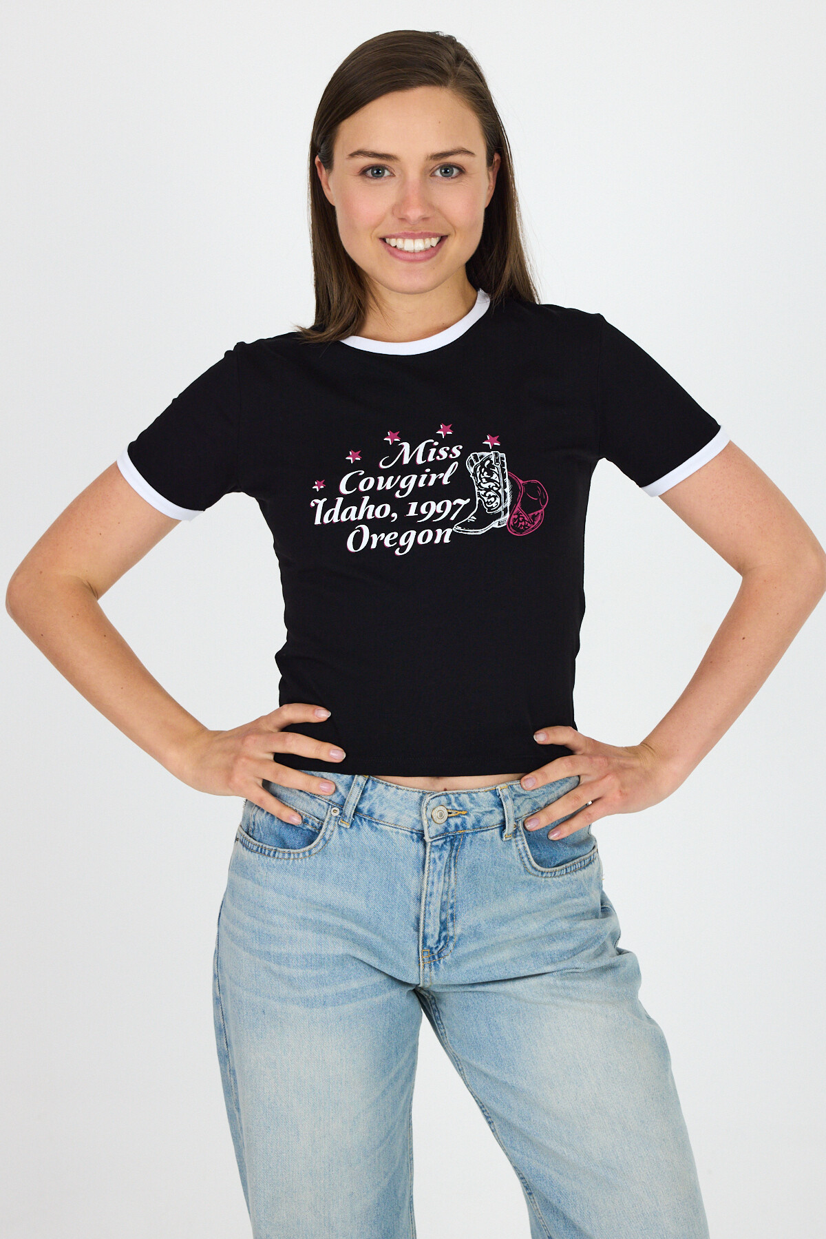 Siyah Baskılı Ribana Detaylı Pamuklu Crop Tişört 9191M - RAYS