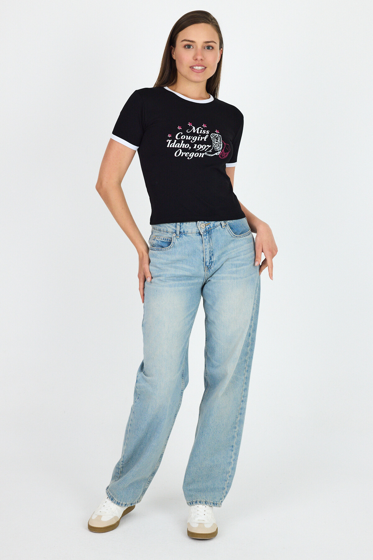 Siyah Baskılı Ribana Detaylı Pamuklu Crop Tişört 9191M - RAYS