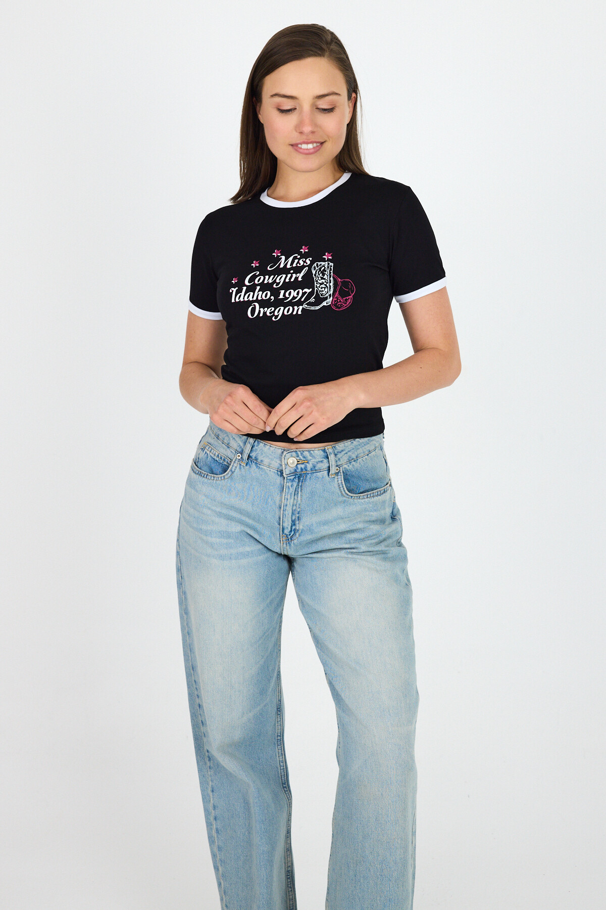 Siyah Baskılı Ribana Detaylı Pamuklu Crop Tişört 9191M - 6