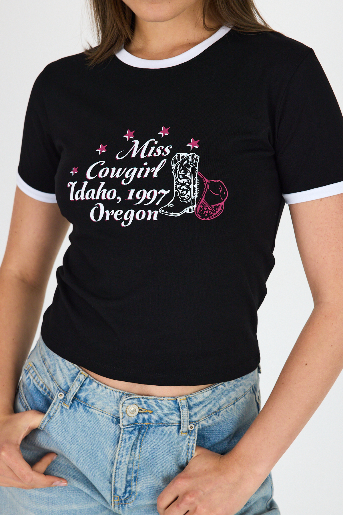 Siyah Baskılı Ribana Detaylı Pamuklu Crop Tişört 9191M - 7