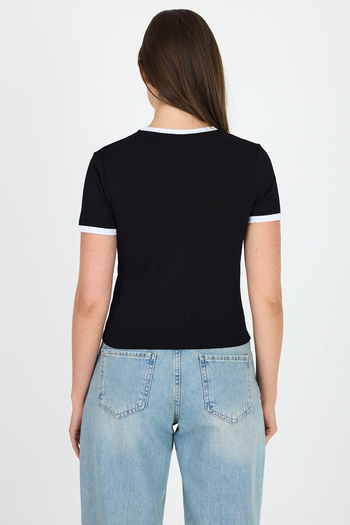 Siyah Baskılı Ribana Detaylı Pamuklu Crop Tişört 9191M - 5