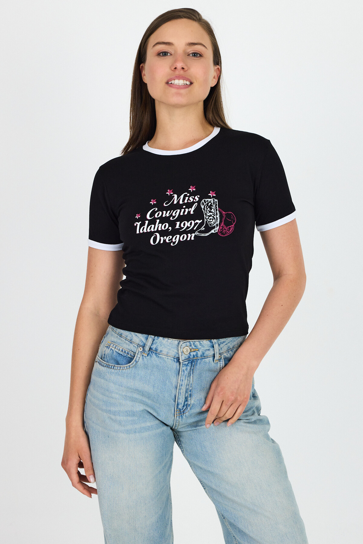 Siyah Baskılı Ribana Detaylı Pamuklu Crop Tişört 9191M 