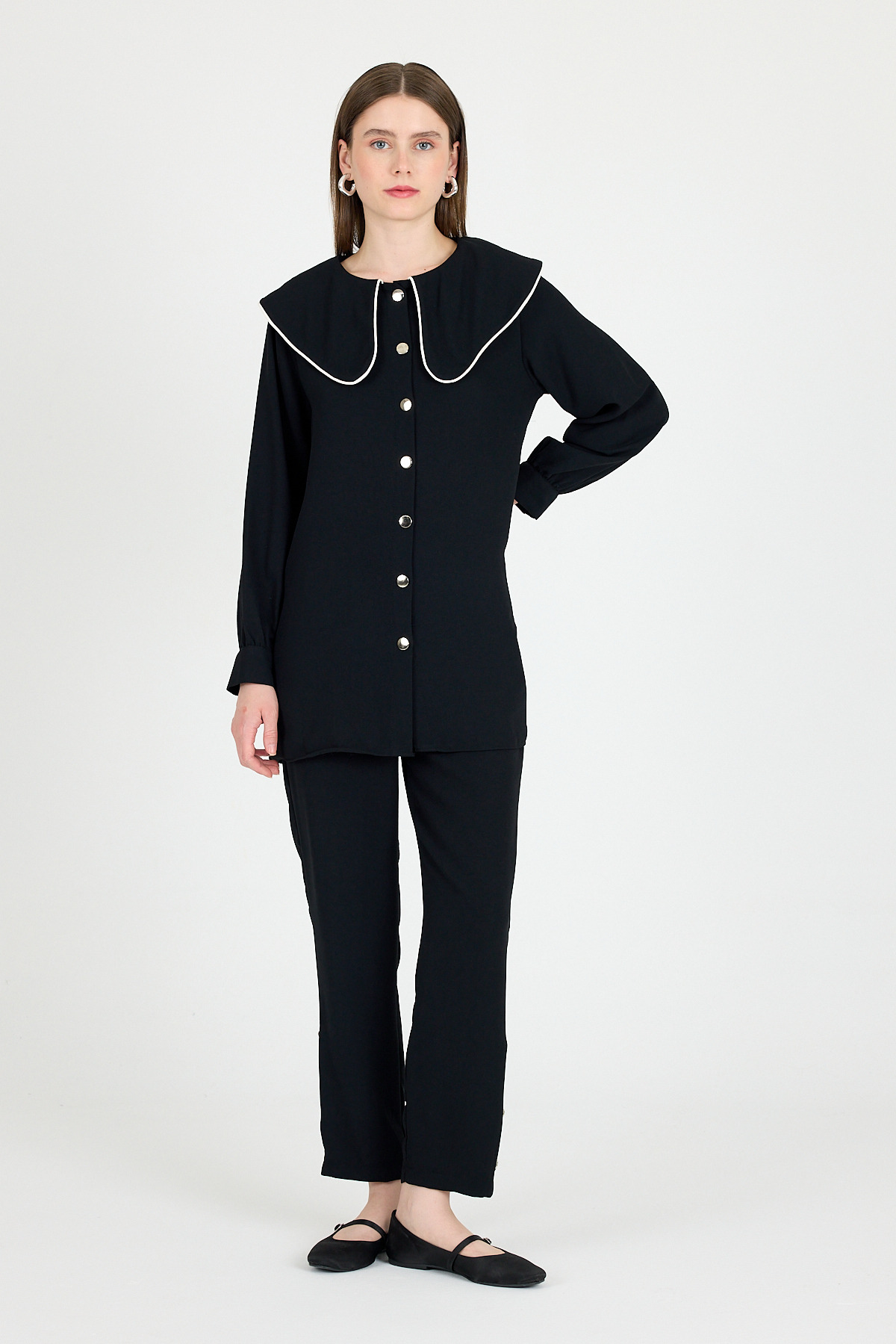 Siyah Bebe Yaka Düğmeli Tunik ve Yanı Şerit Detaylı Pantolon Takım 4661A - 6