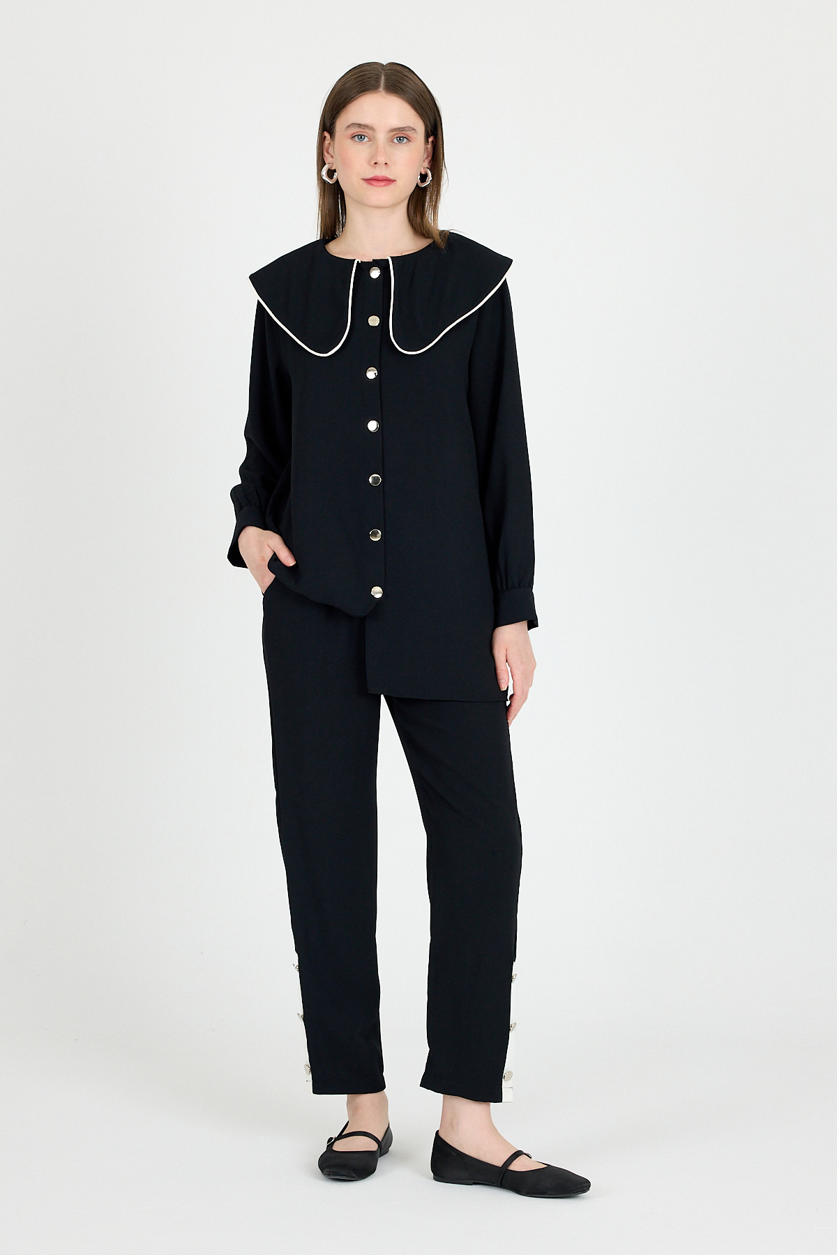 Siyah Bebe Yaka Düğmeli Tunik ve Yanı Şerit Detaylı Pantolon Takım 4661A - 7