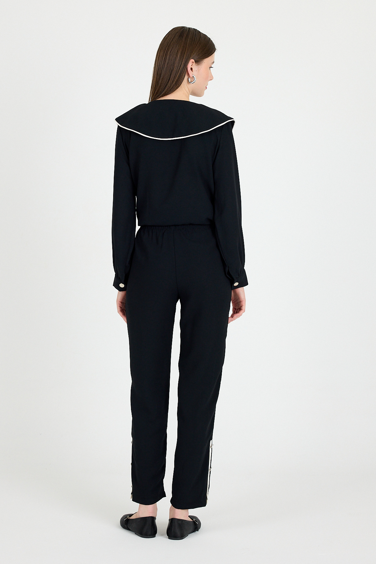 Siyah Bebe Yaka Düğmeli Tunik ve Yanı Şerit Detaylı Pantolon Takım 4661A - 5