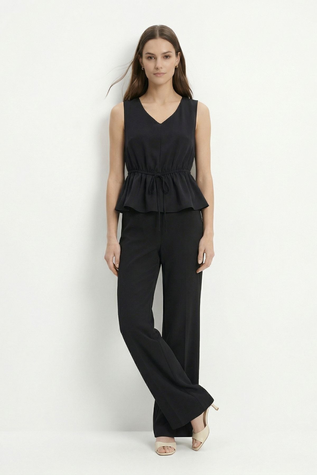 Siyah Bel Bağlamalı Sıfır Kol Bluz Pantolon Takım 2794 - 1