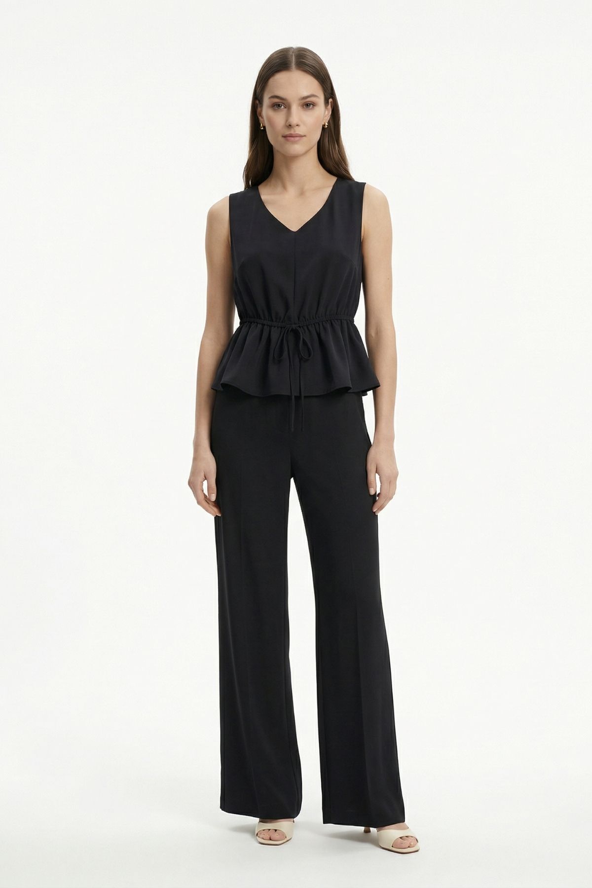 Siyah Bel Bağlamalı Sıfır Kol Bluz Pantolon Takım 2794 - RAYS (1)