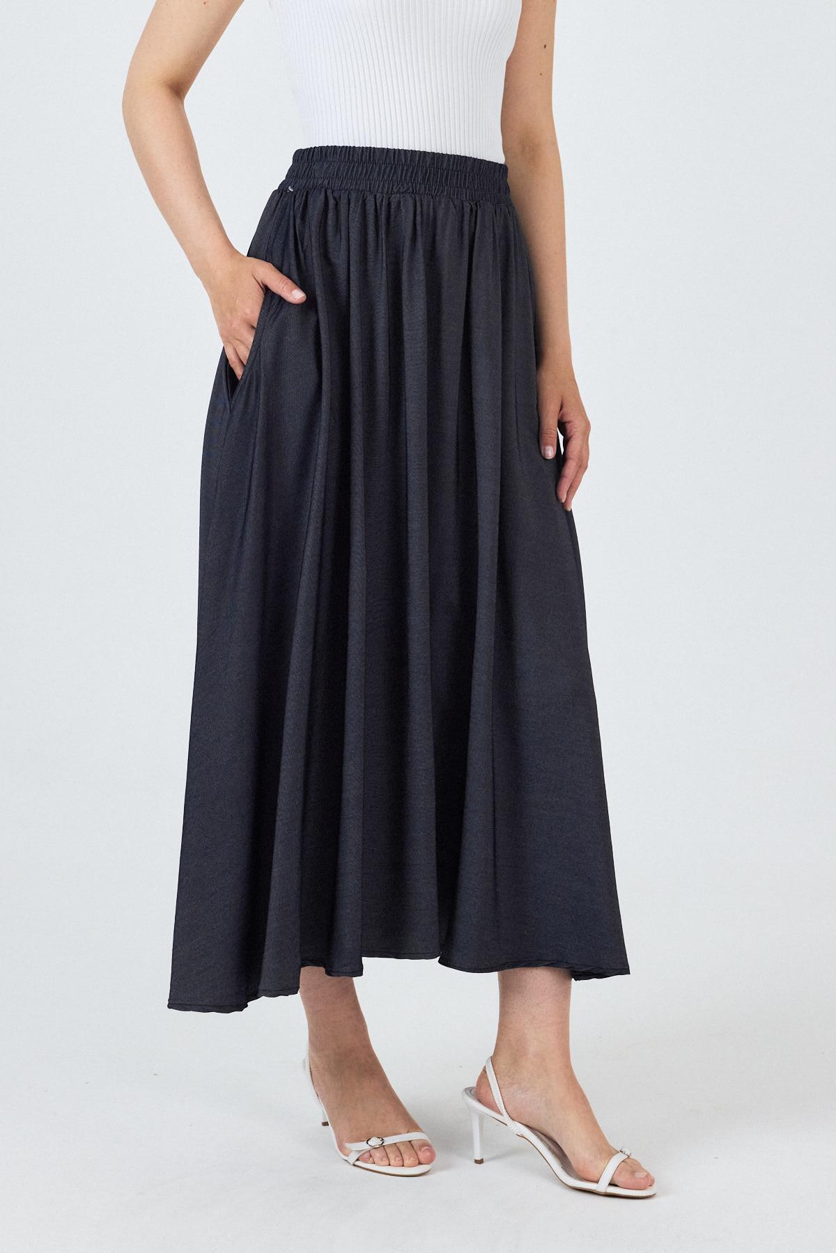 Siyah Bel Lastikli Cepli Kloş Etek 4722A - RAYS