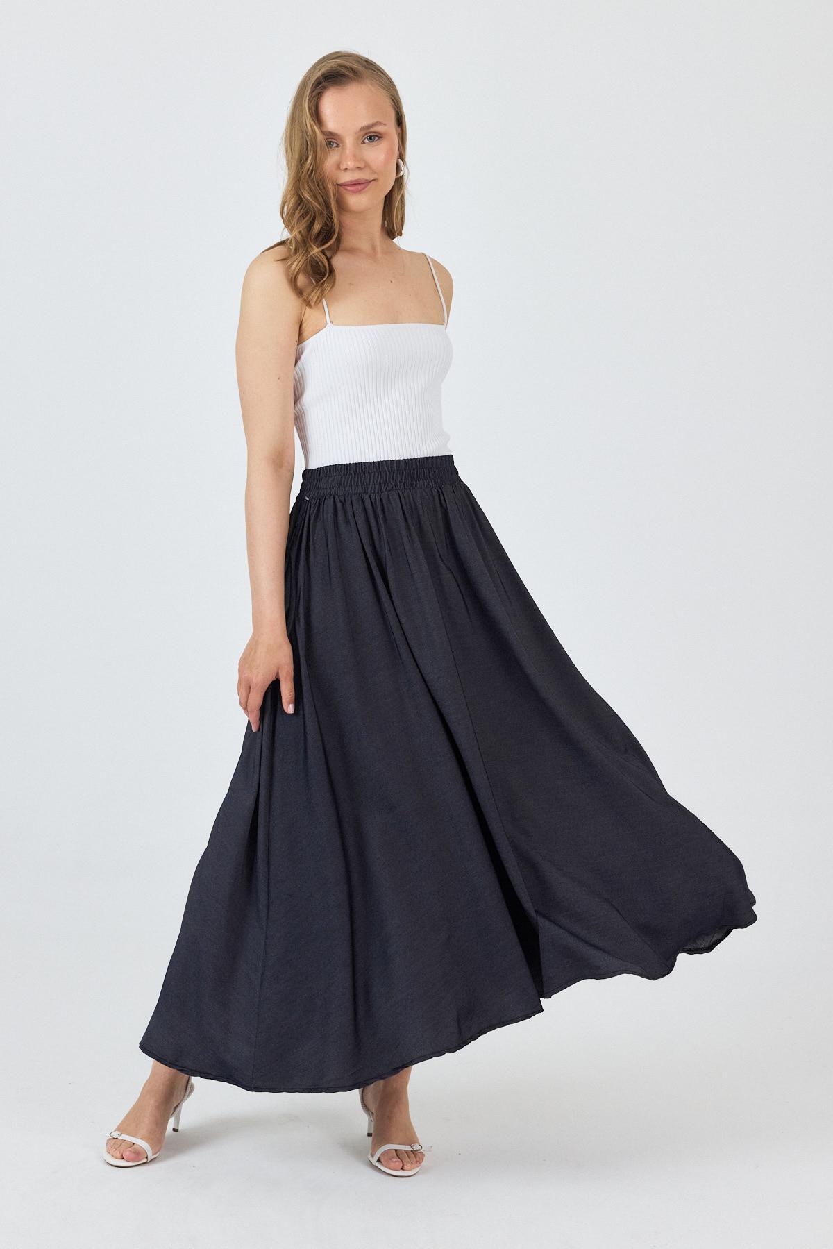 Siyah Bel Lastikli Cepli Kloş Etek 4722A - 1