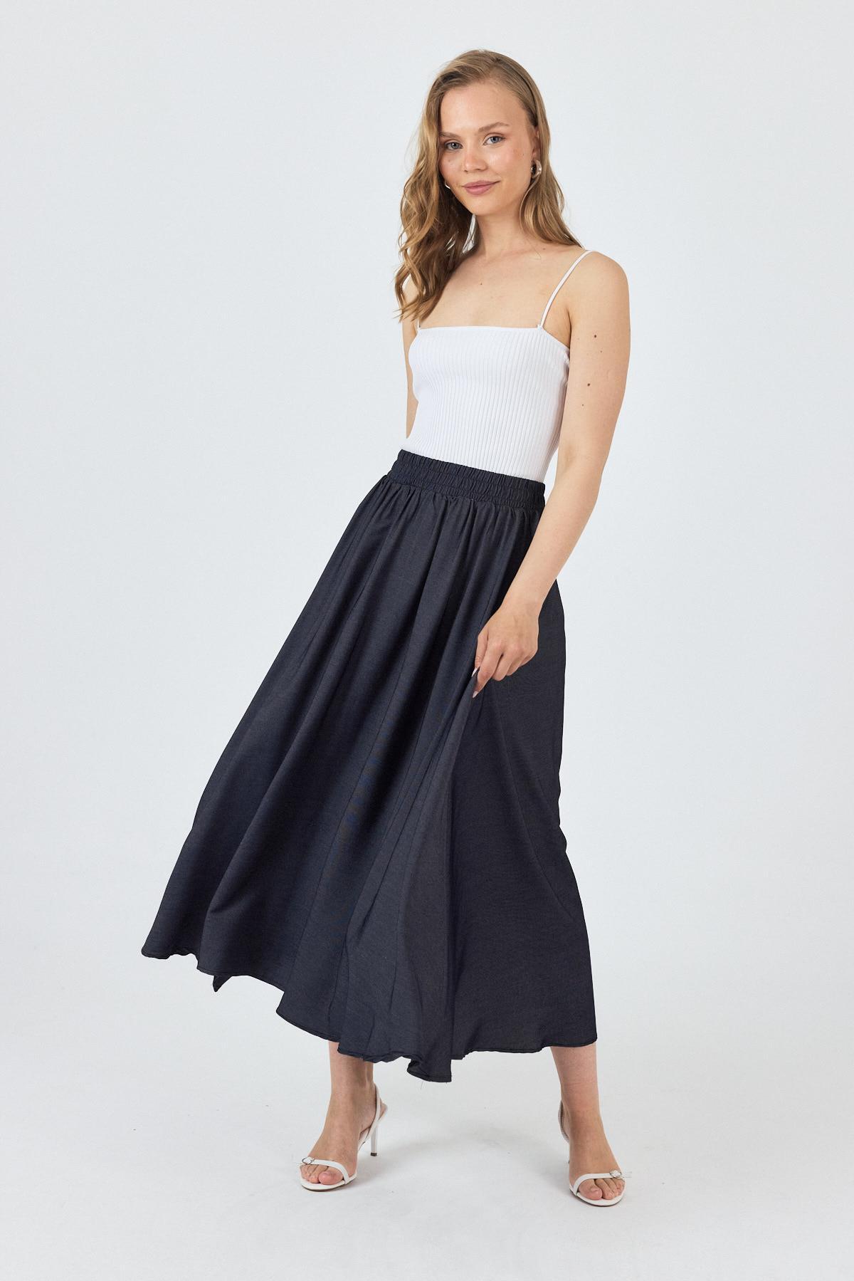 Siyah Bel Lastikli Cepli Kloş Etek 4722A - 7