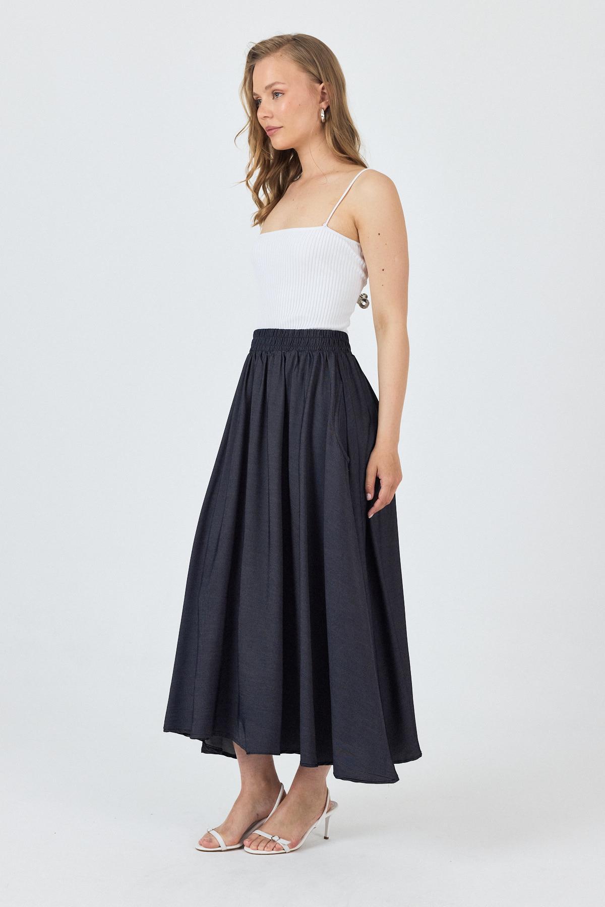 Siyah Bel Lastikli Cepli Kloş Etek 4722A - 8