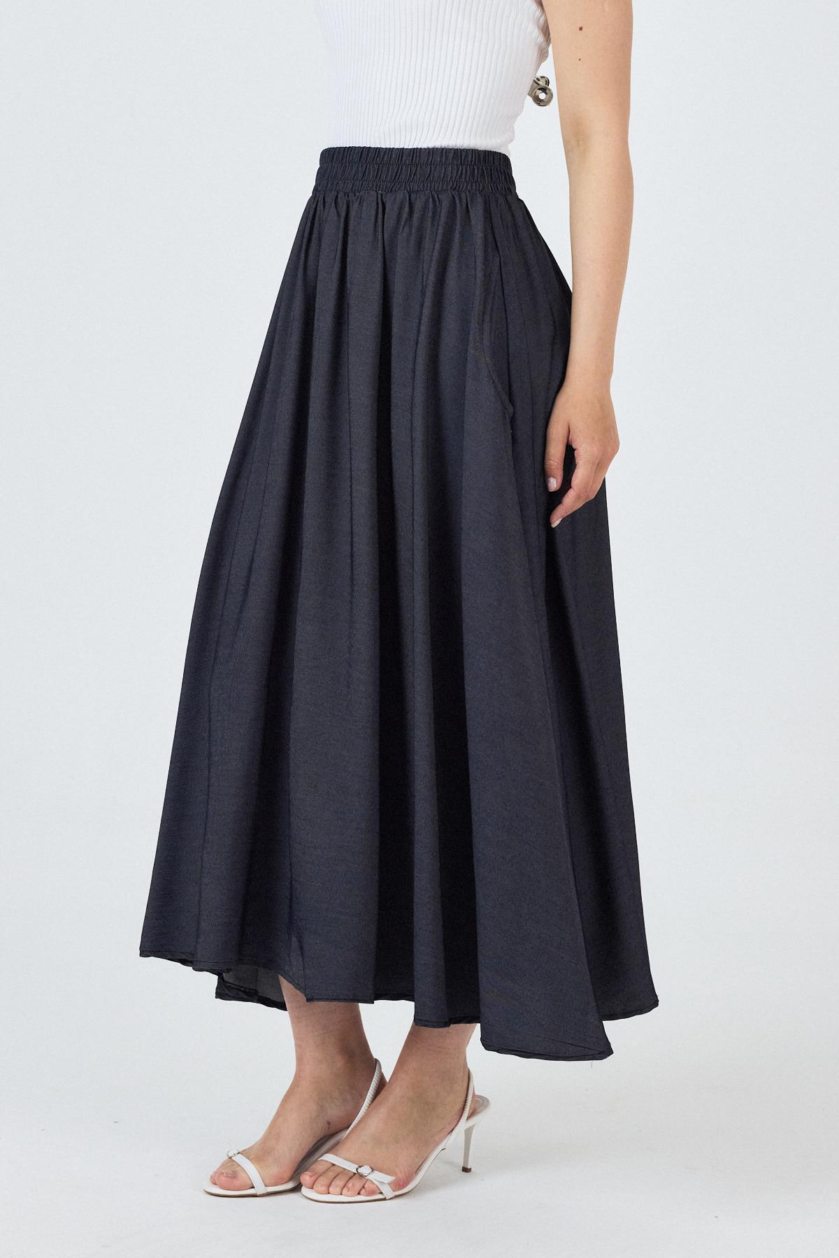 Siyah Bel Lastikli Cepli Kloş Etek 4722A - 4