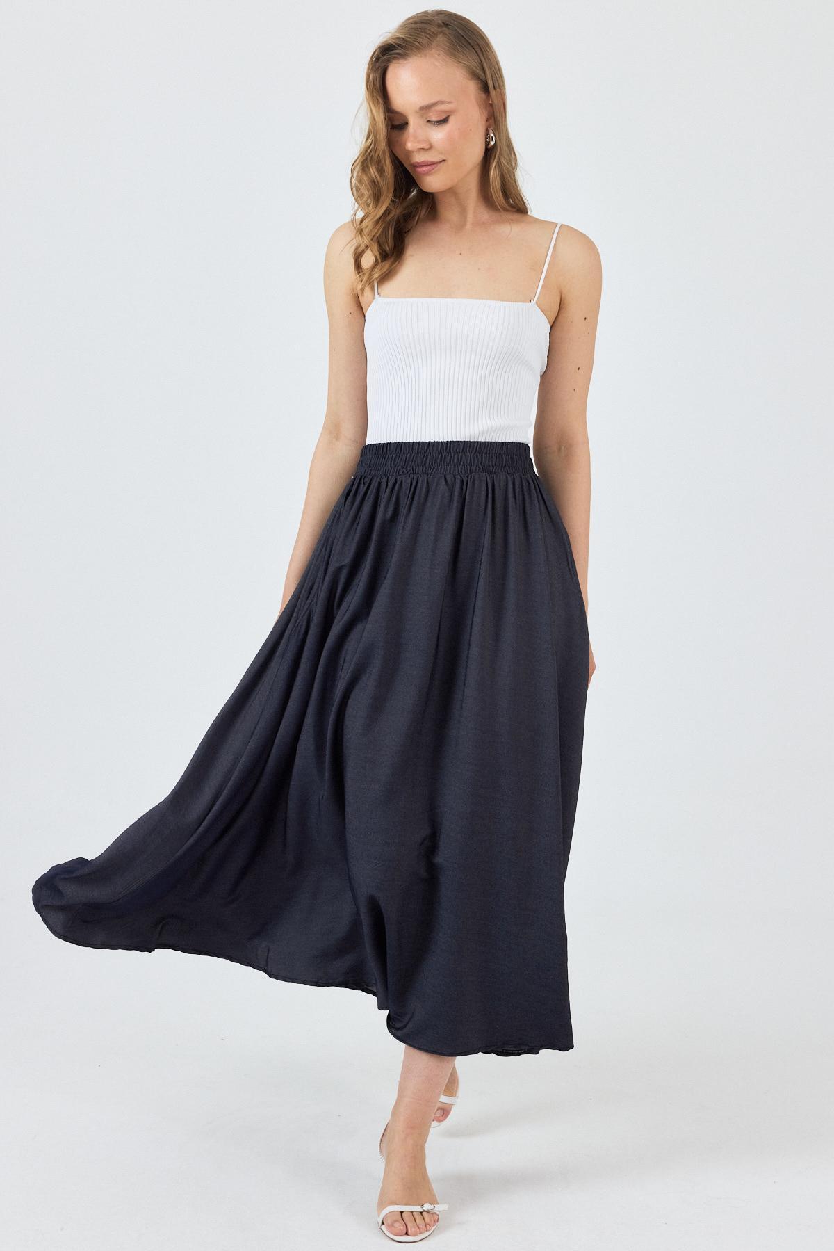 Siyah Bel Lastikli Cepli Kloş Etek 4722A - 6