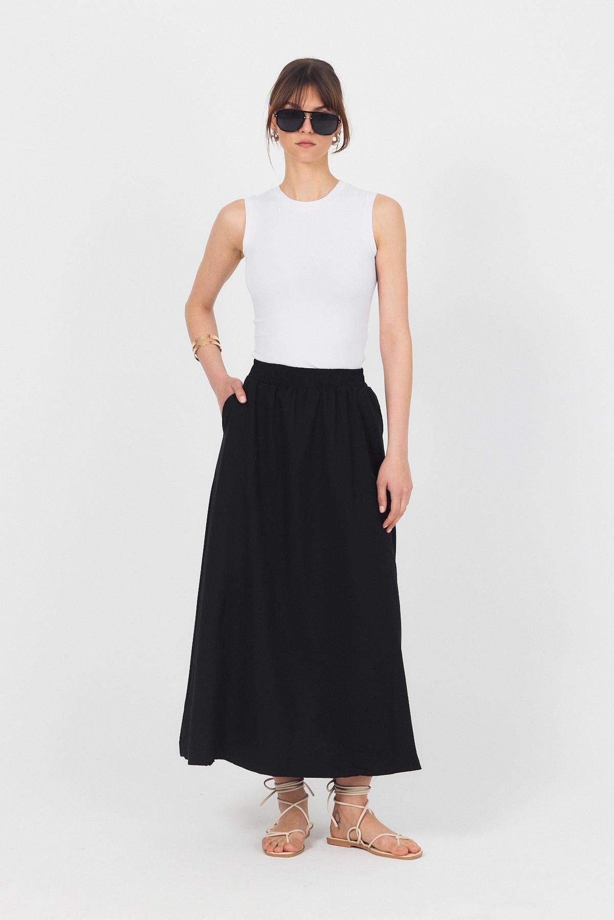 Siyah Bel Lastikli Cepli Kloş Etek 4747A 