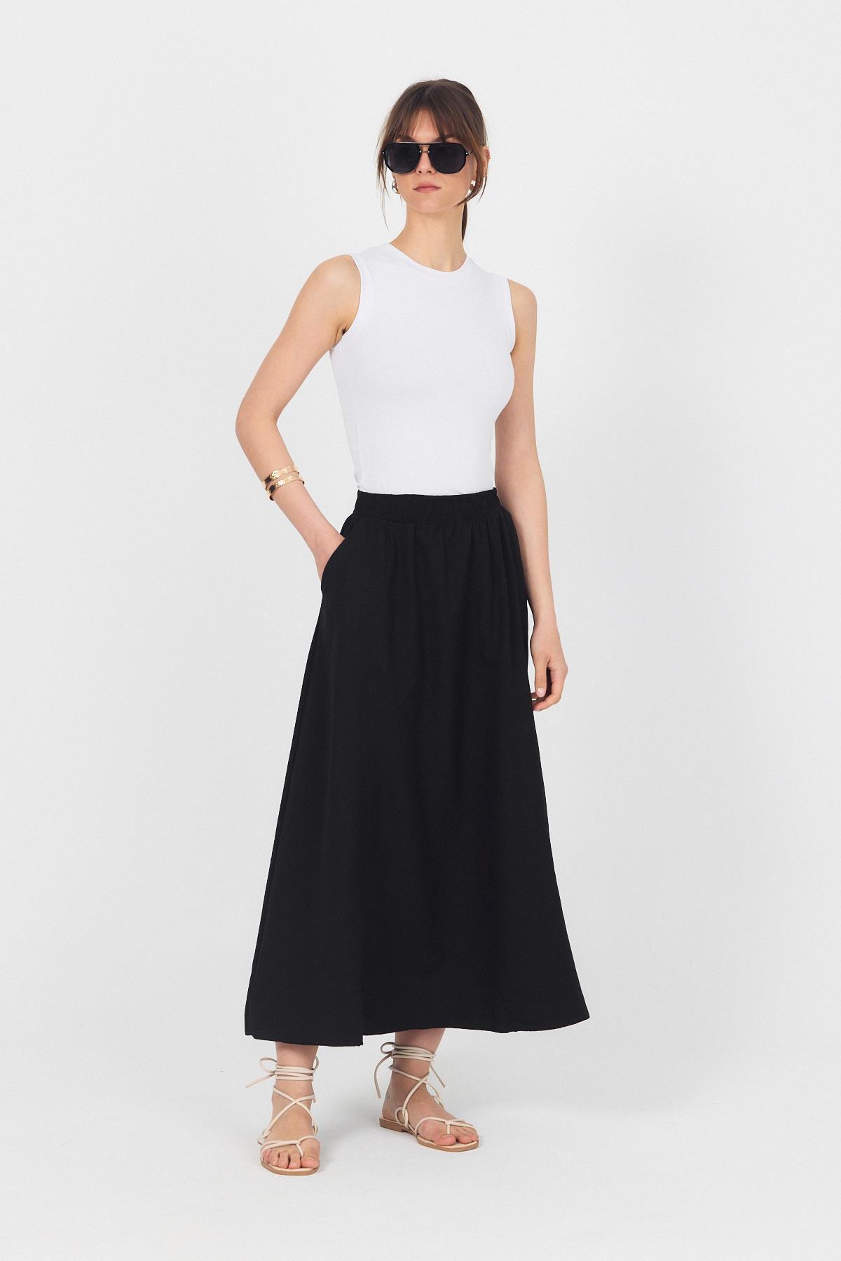 Siyah Bel Lastikli Cepli Kloş Etek 4747A - 8