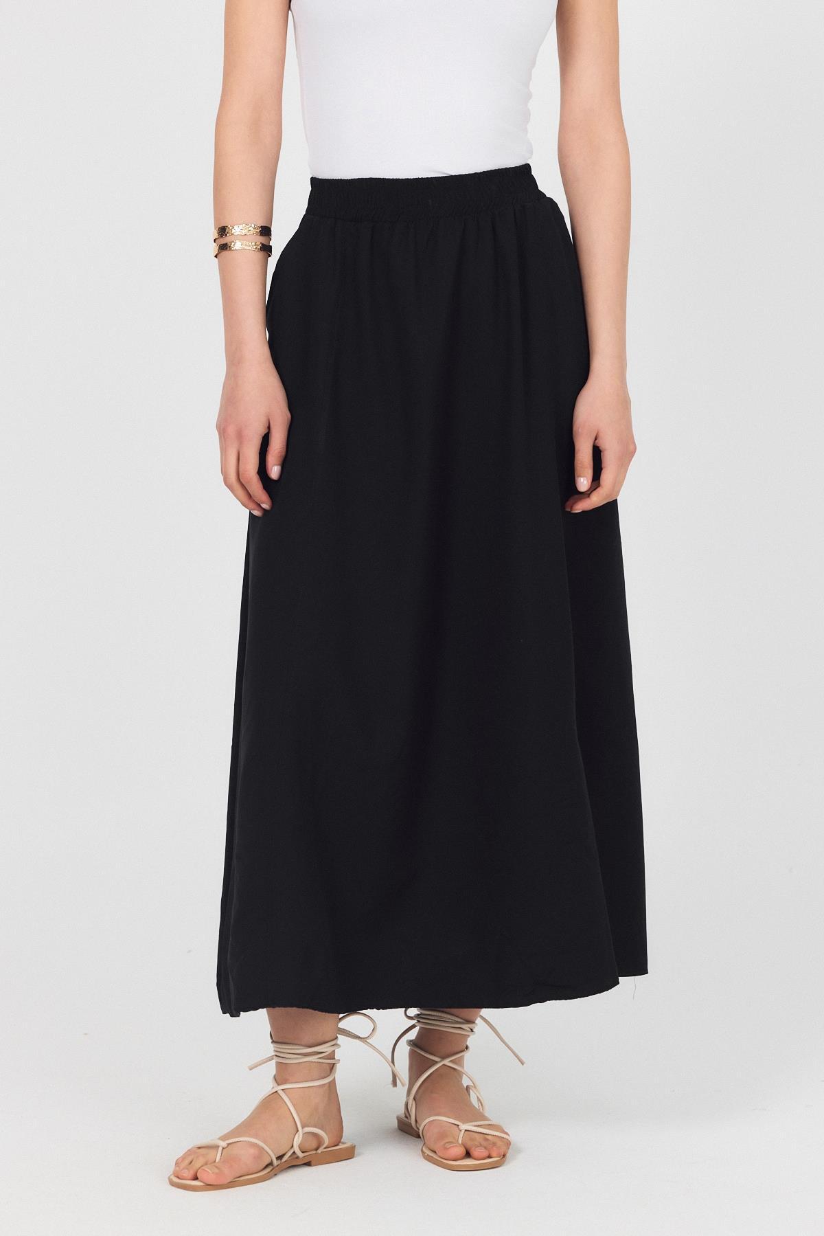 Siyah Bel Lastikli Cepli Kloş Etek 4747A - 2