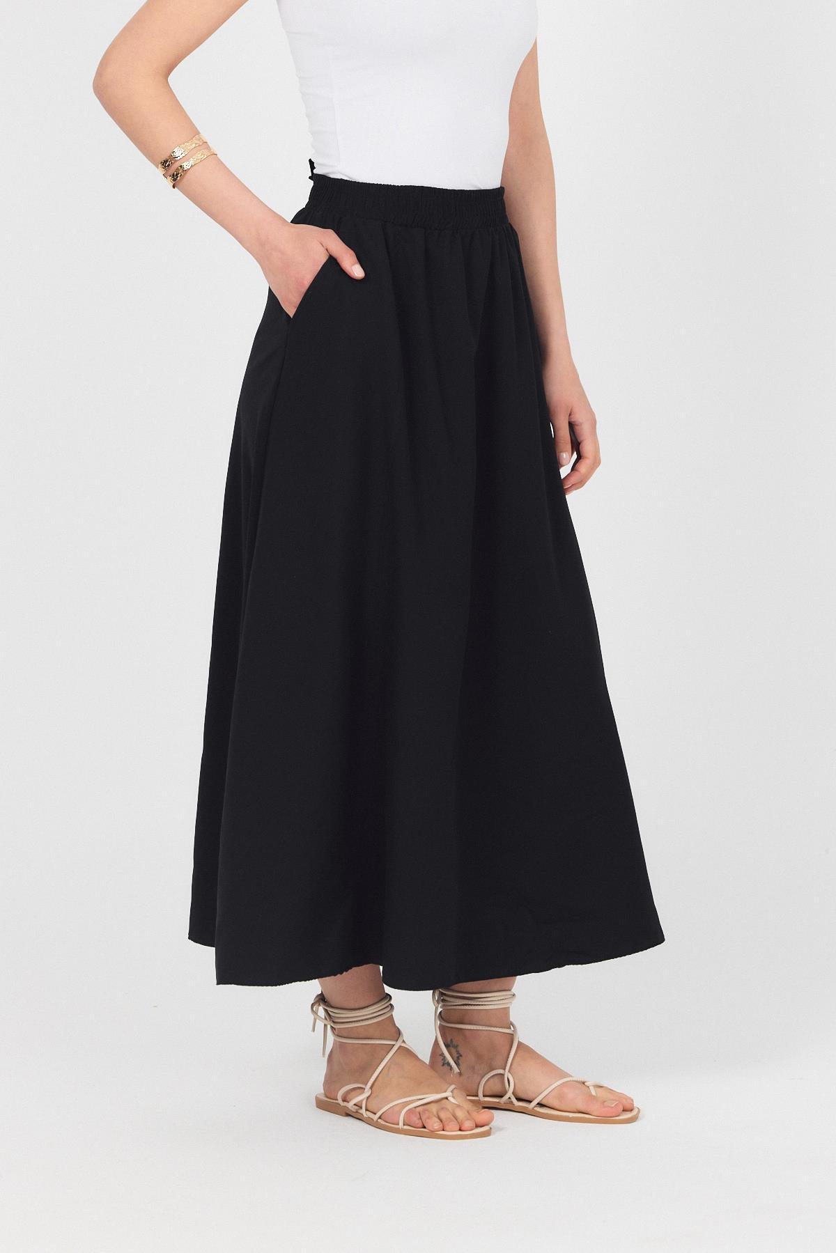 Siyah Bel Lastikli Cepli Kloş Etek 4747A - 3