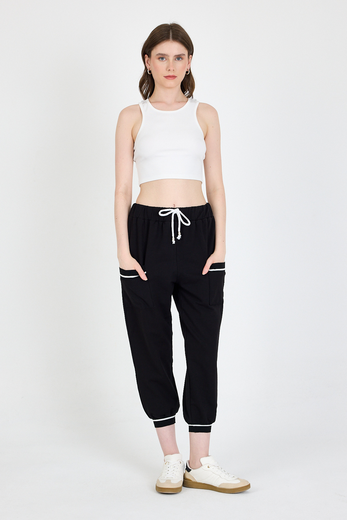 Siyah Bel Lastikli Cepli Şerit Detaylı Jogger Eşofman Altı 81524 - 6