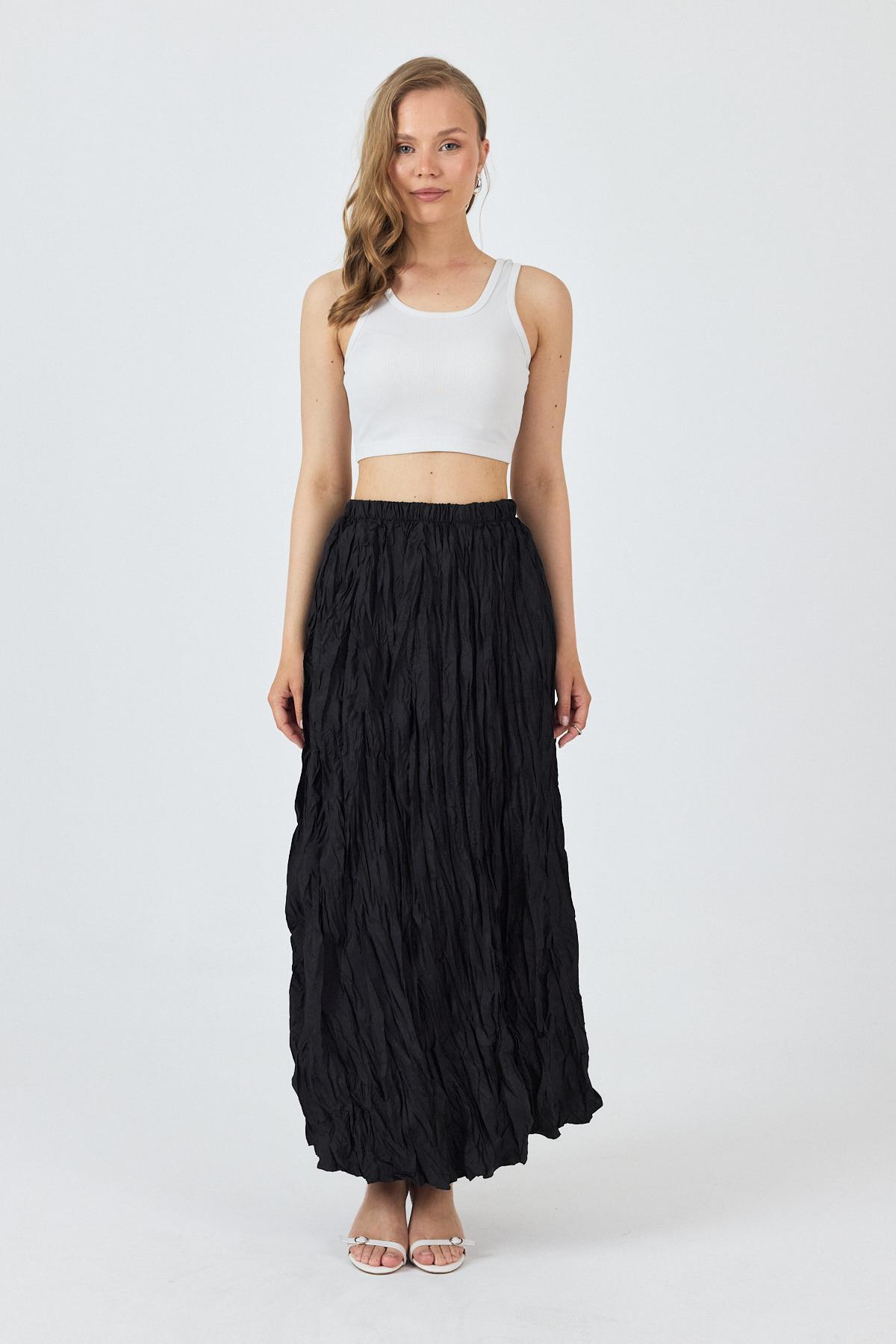 Siyah Bel Lastikli Kırışık Kumaş Etek 3483 - 2