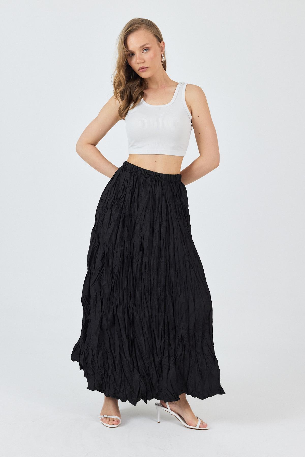 Siyah Bel Lastikli Kırışık Kumaş Etek 3483 - 7