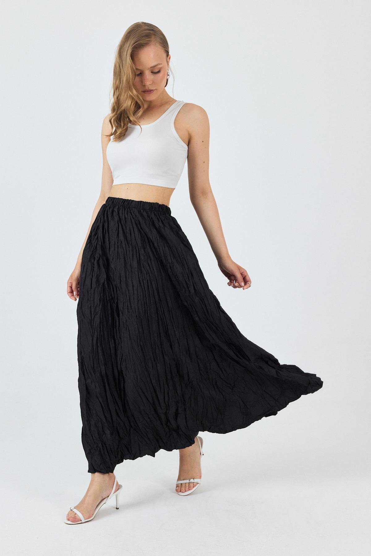 Siyah Bel Lastikli Kırışık Kumaş Etek 3483 - RAYS