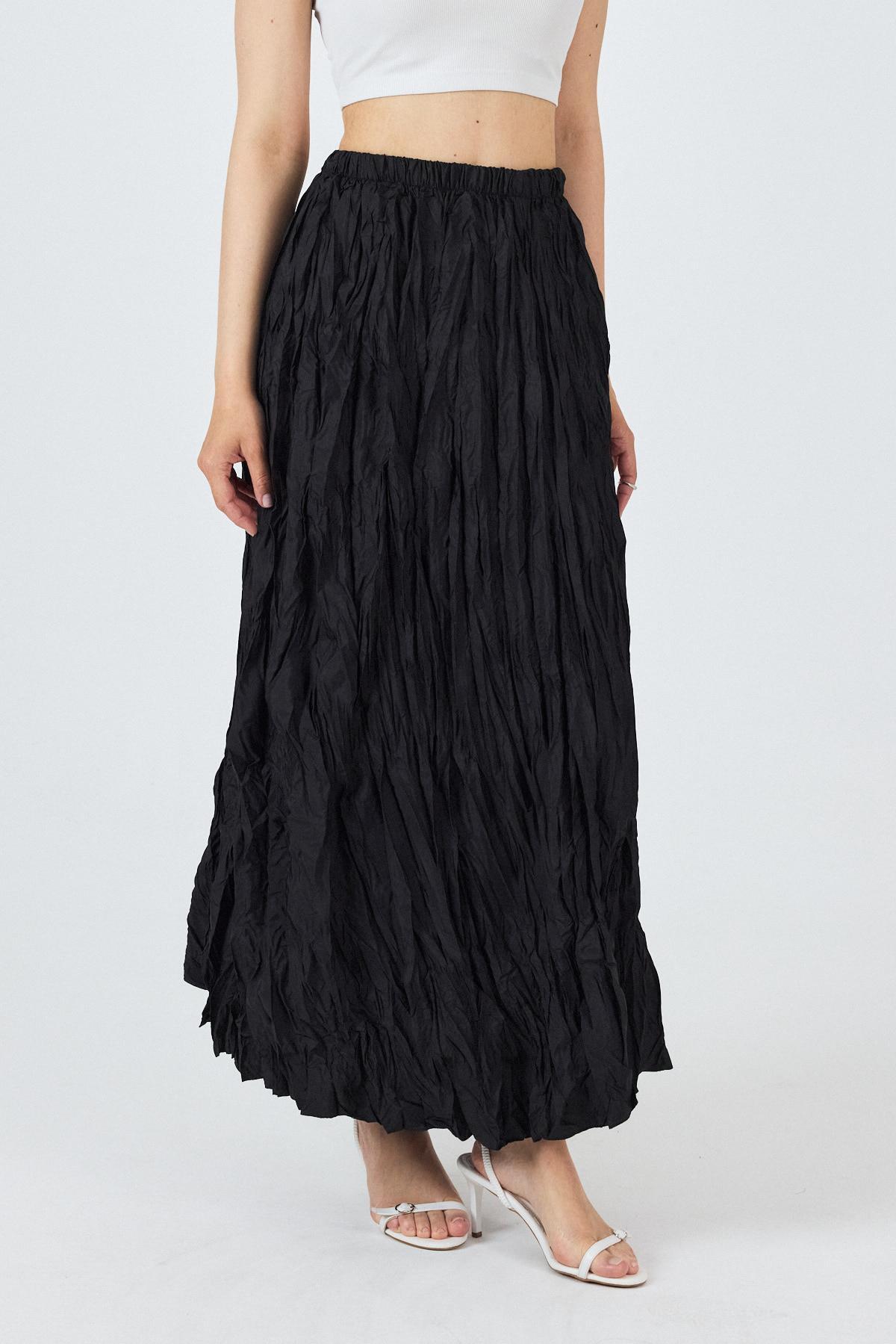 Siyah Bel Lastikli Kırışık Kumaş Etek 3483 - RAYS