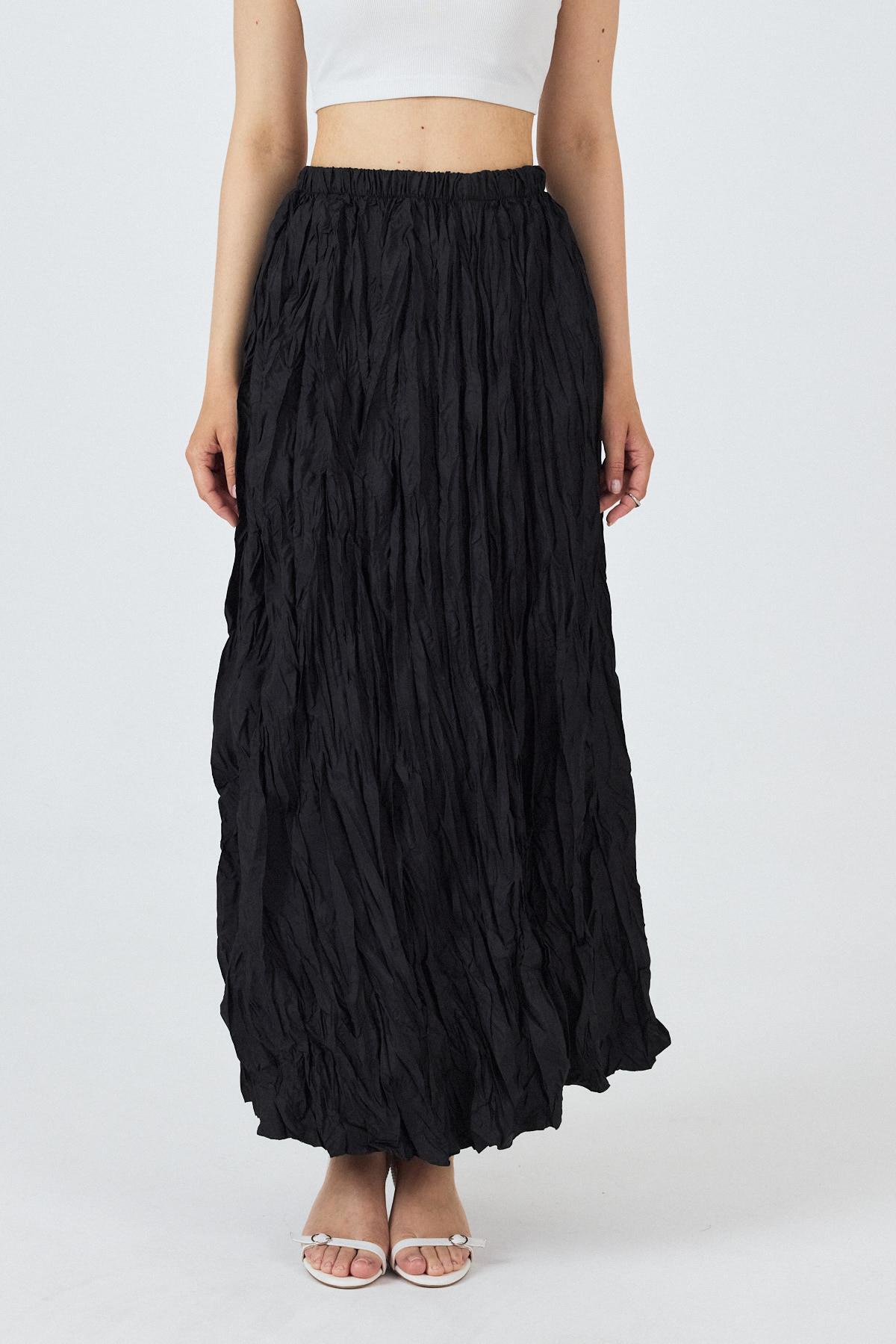 Siyah Bel Lastikli Kırışık Kumaş Etek 3483 - 3