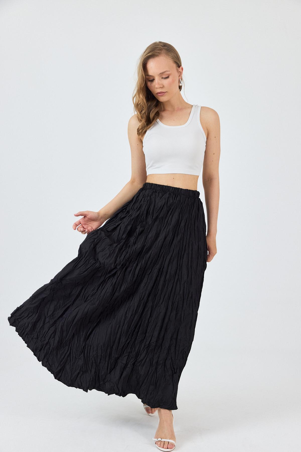 Siyah Bel Lastikli Kırışık Kumaş Etek 3483 - 6