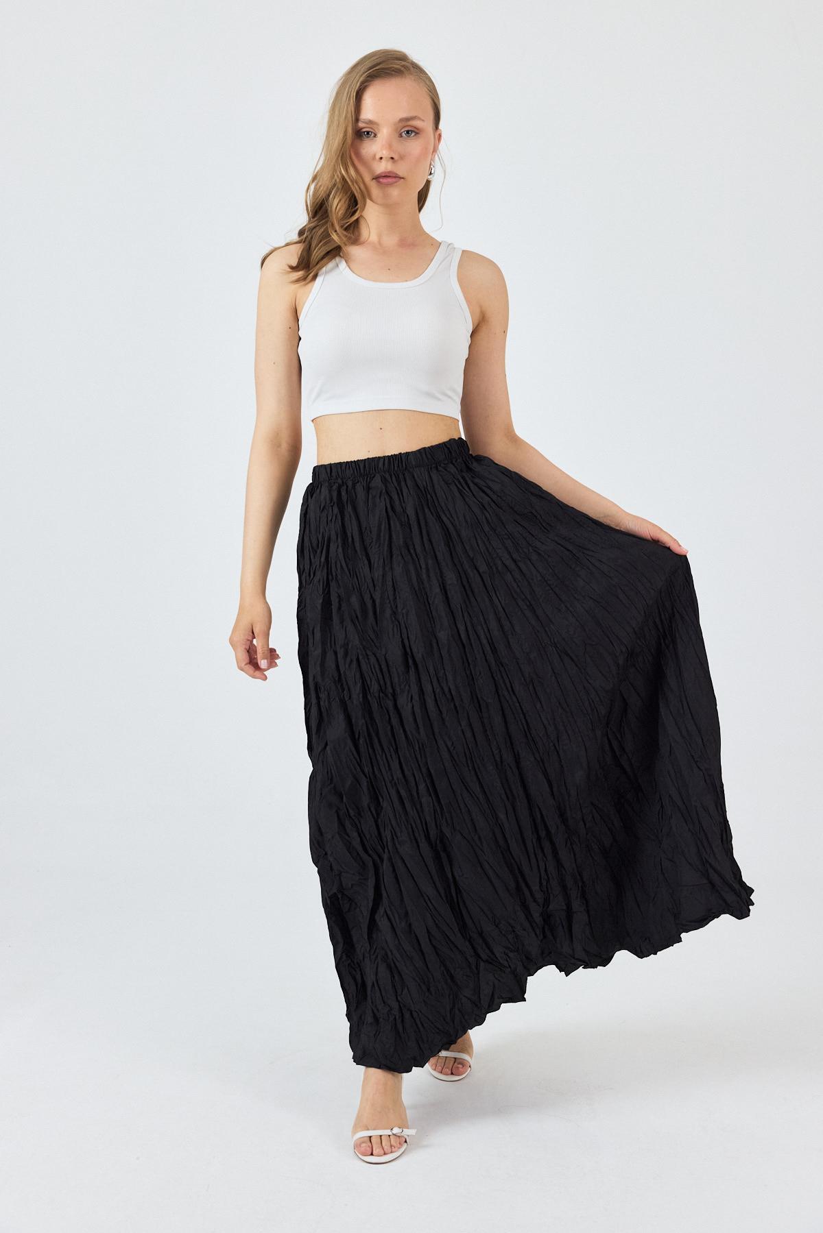 Siyah Bel Lastikli Kırışık Kumaş Etek 3483 - 8