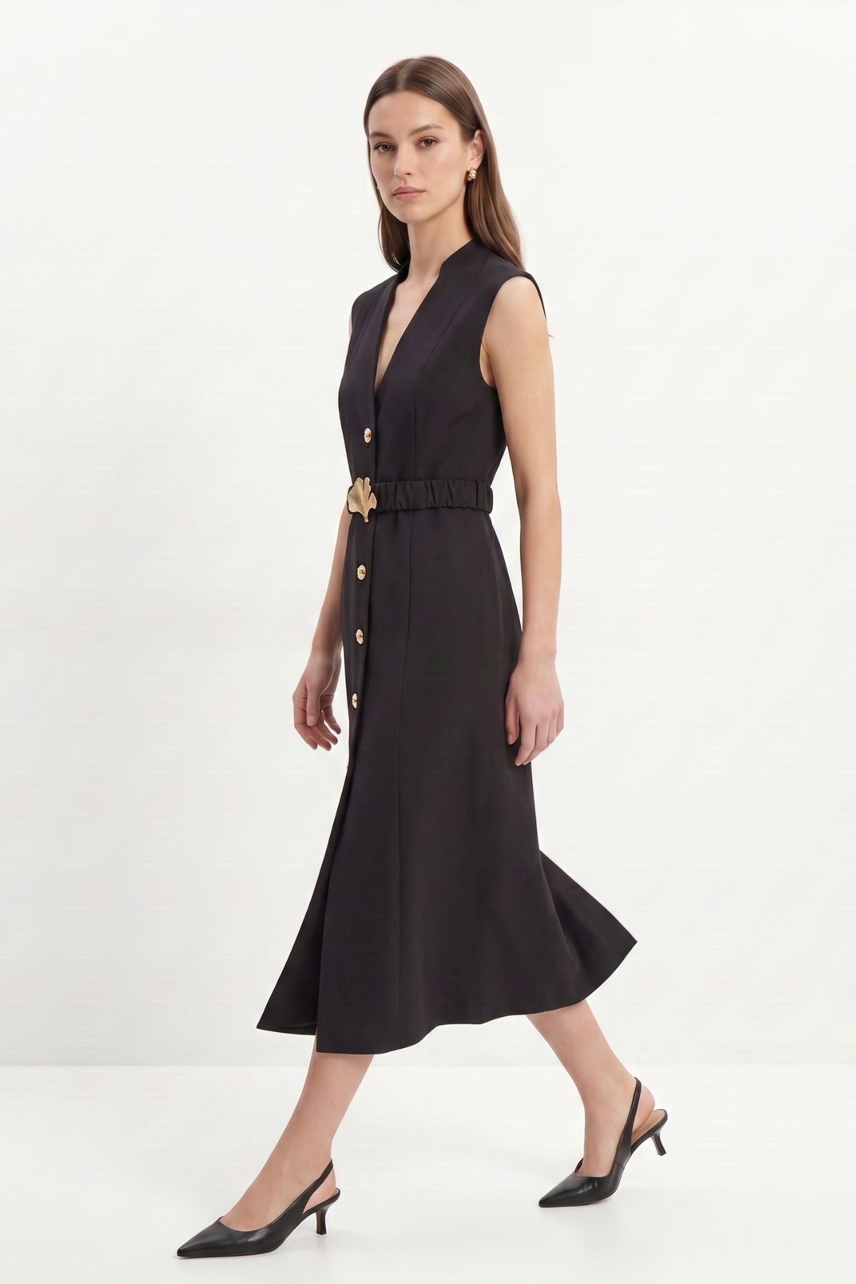 Siyah Bel Tokalı Kolsuz Midi Elbise 261670 