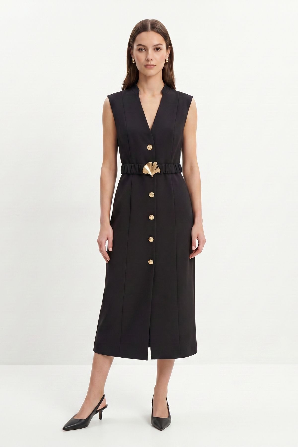 Siyah Bel Tokalı Kolsuz Midi Elbise 261670 - 3