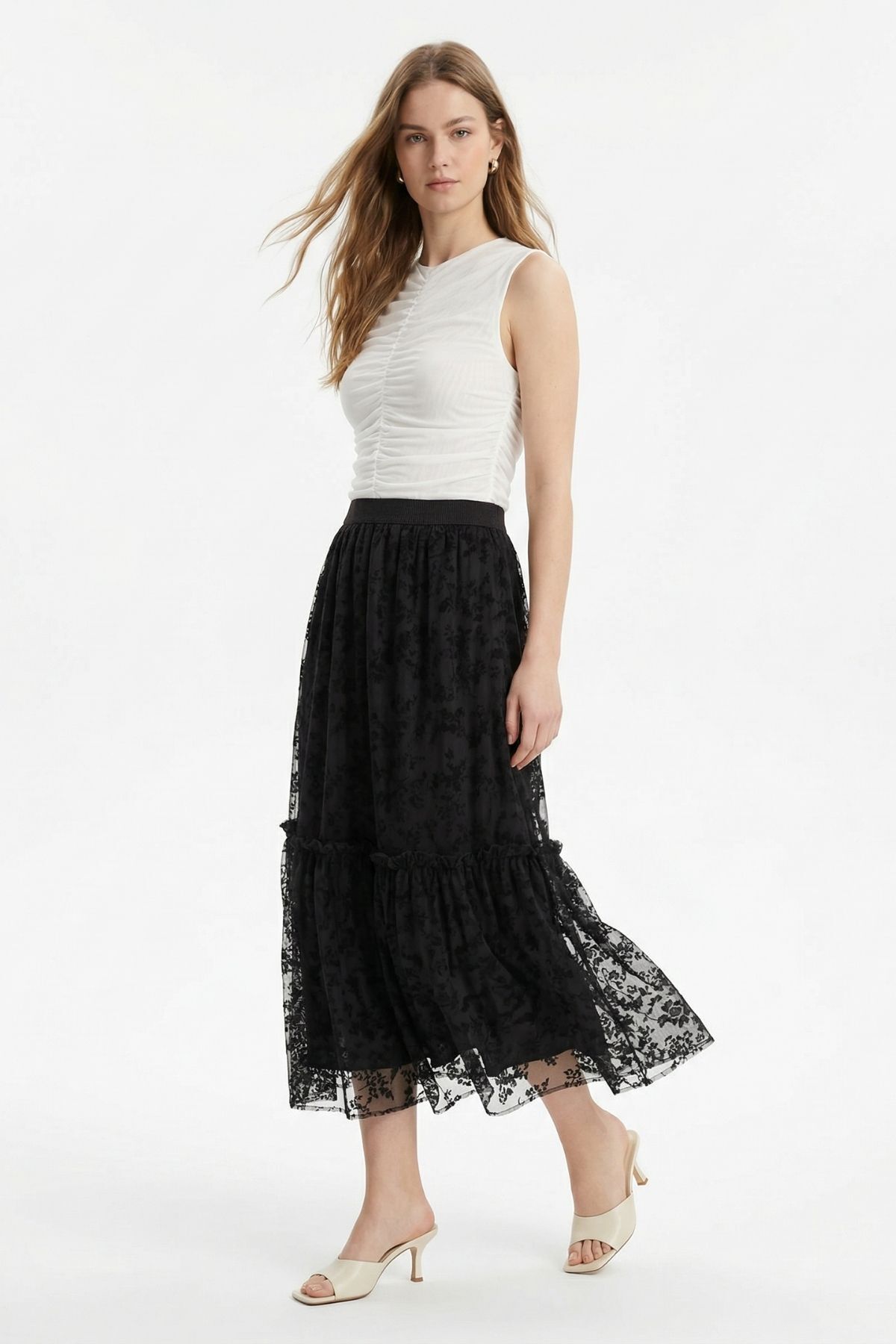 Siyah Belden Lastik Detay Flok Etek 8464 - 2