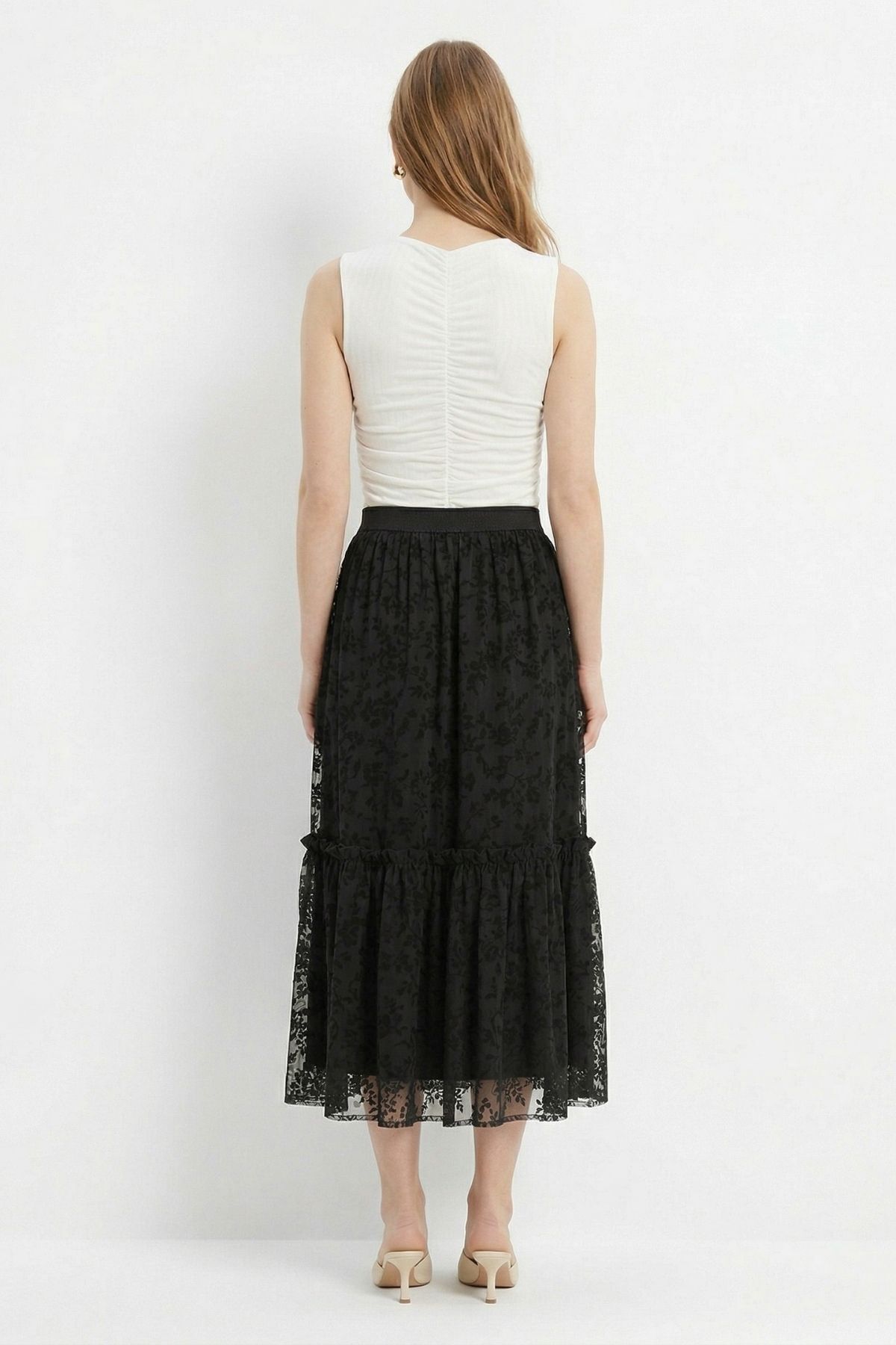 Siyah Belden Lastik Detay Flok Etek 8464 - 3