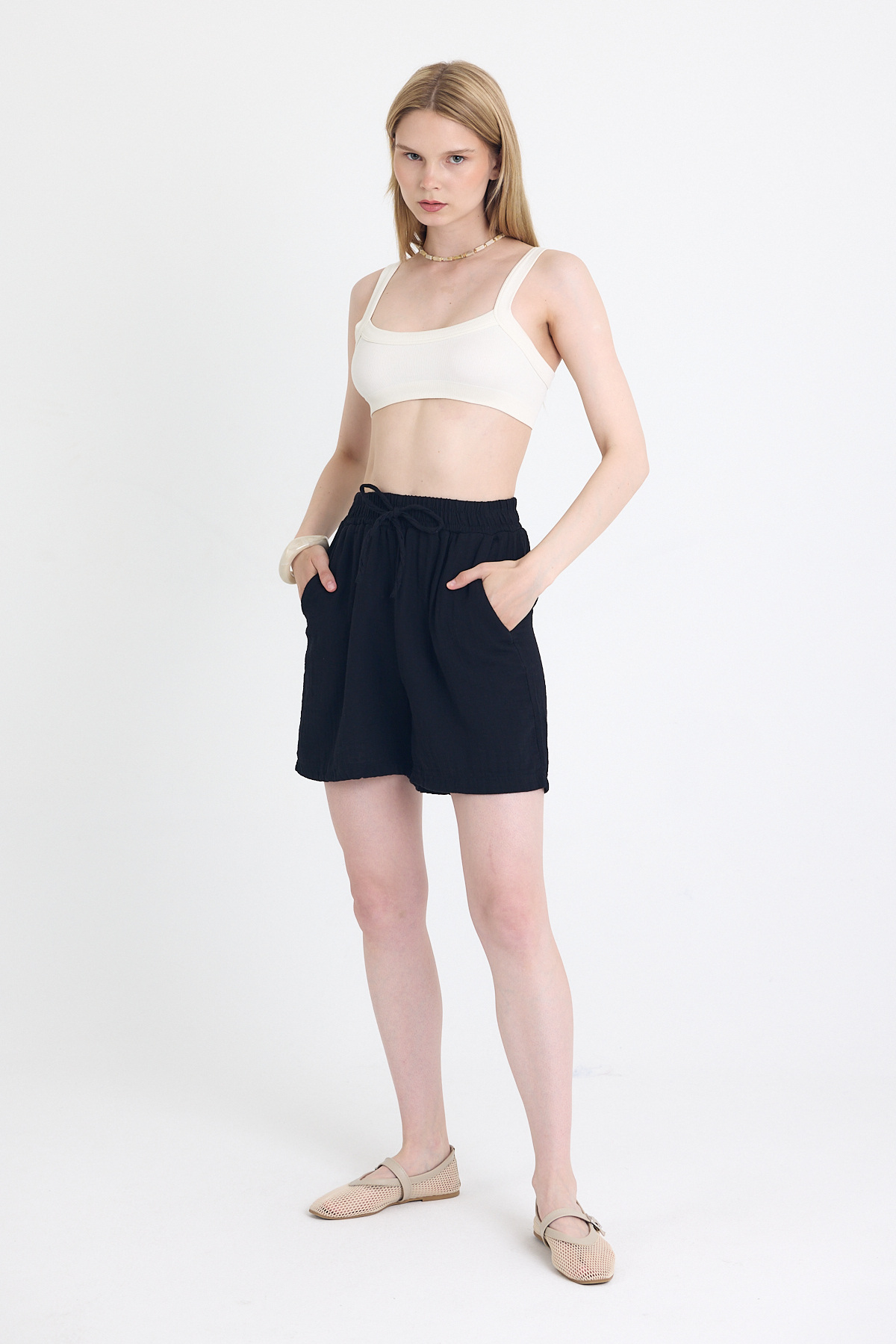 Siyah Beli Lastikli %100 Pamuk Müslin Şort 4769A - RAYS