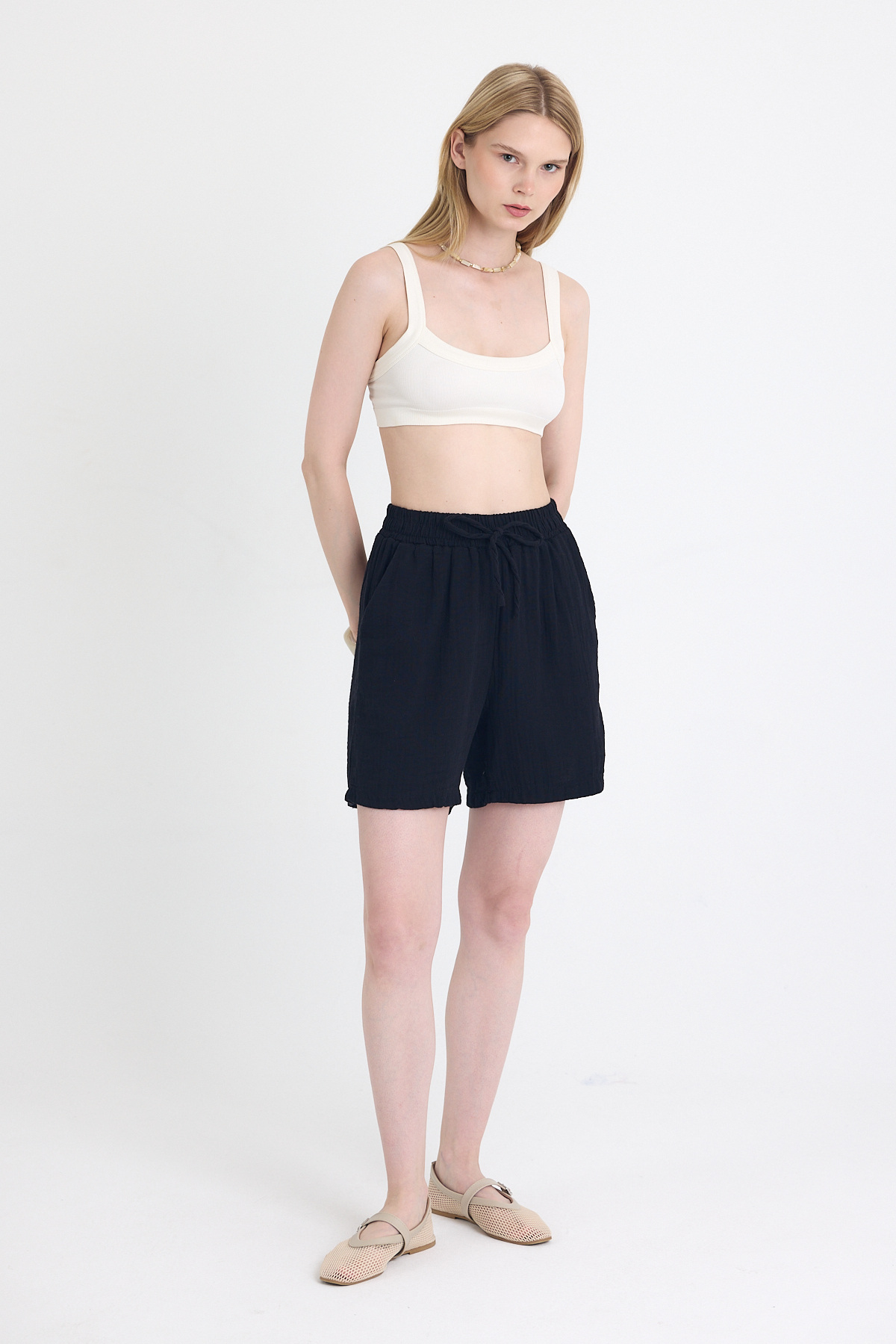 Siyah Beli Lastikli %100 Pamuk Müslin Şort 4769A - RAYS (1)