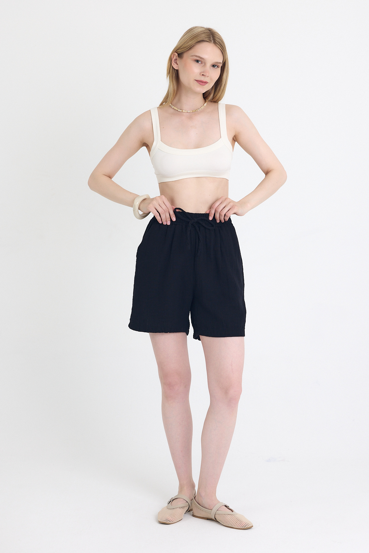 Siyah Beli Lastikli %100 Pamuk Müslin Şort 4769A - 6