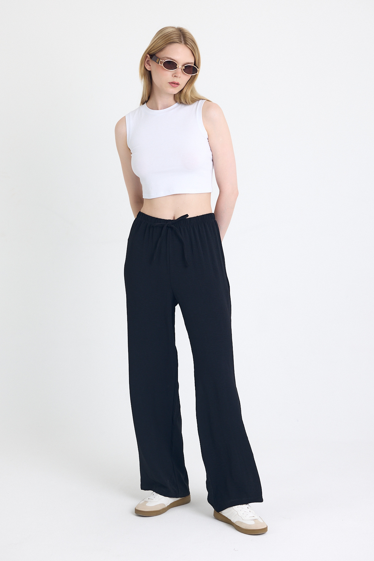 Siyah Beli Lastikli Bol Paça Dokuma Pantolon 4284-1 - RAYS