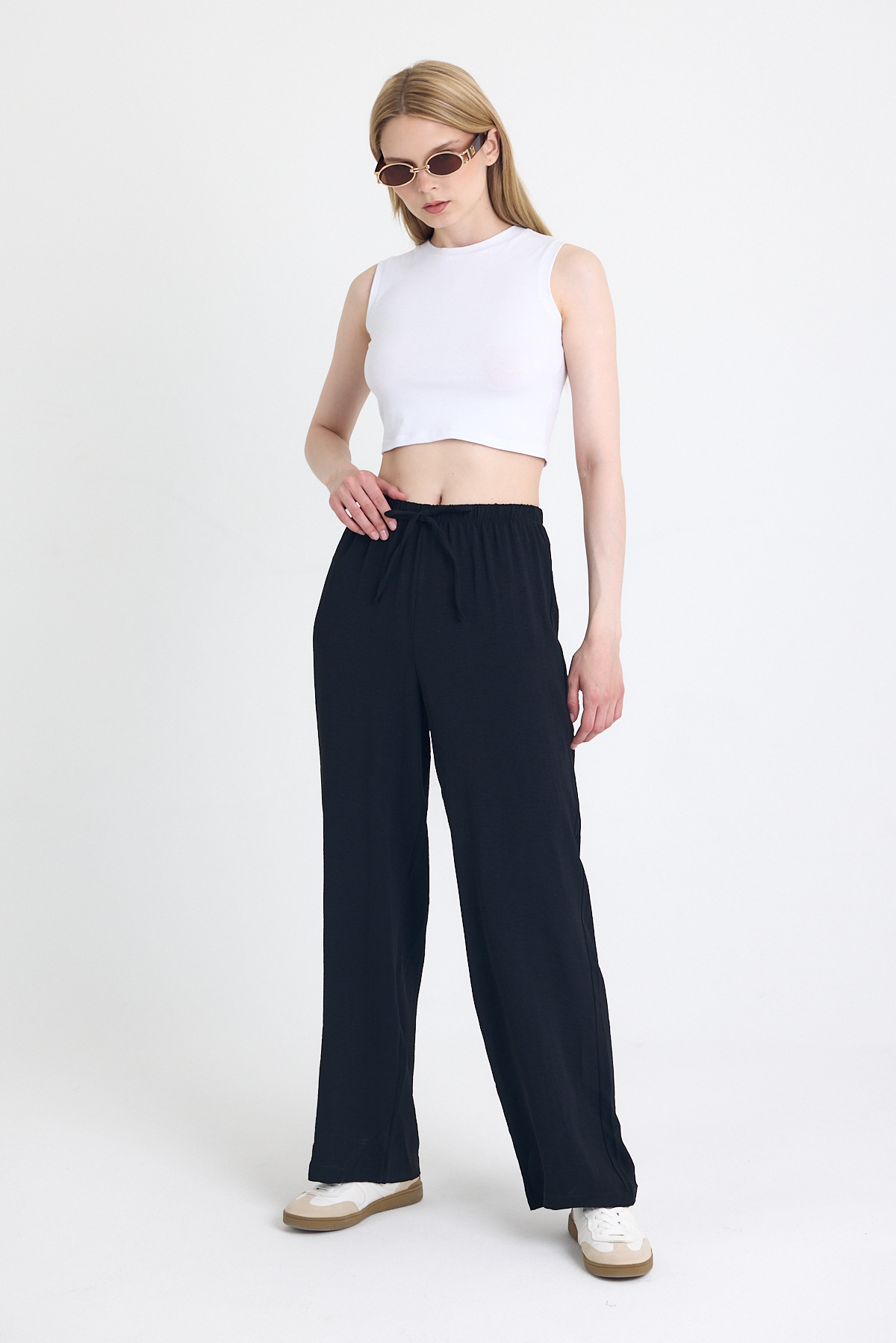 Siyah Beli Lastikli Bol Paça Dokuma Pantolon 4284-1 - RAYS