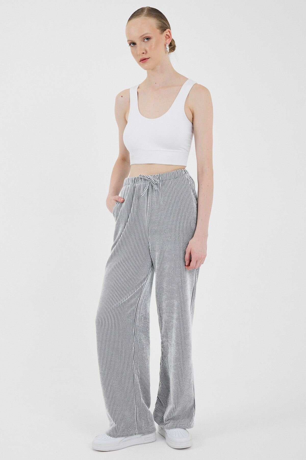 Siyah Beli Lastikli Çizgili Geniş Paça Dokuma Pantolon 4098 - 2