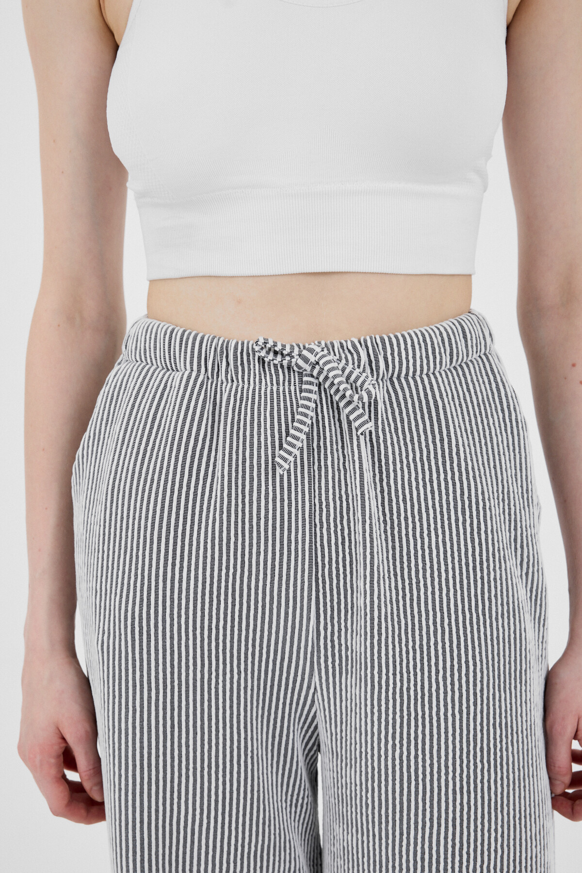 Siyah Beli Lastikli Çizgili Geniş Paça Dokuma Pantolon 4098 - RAYS