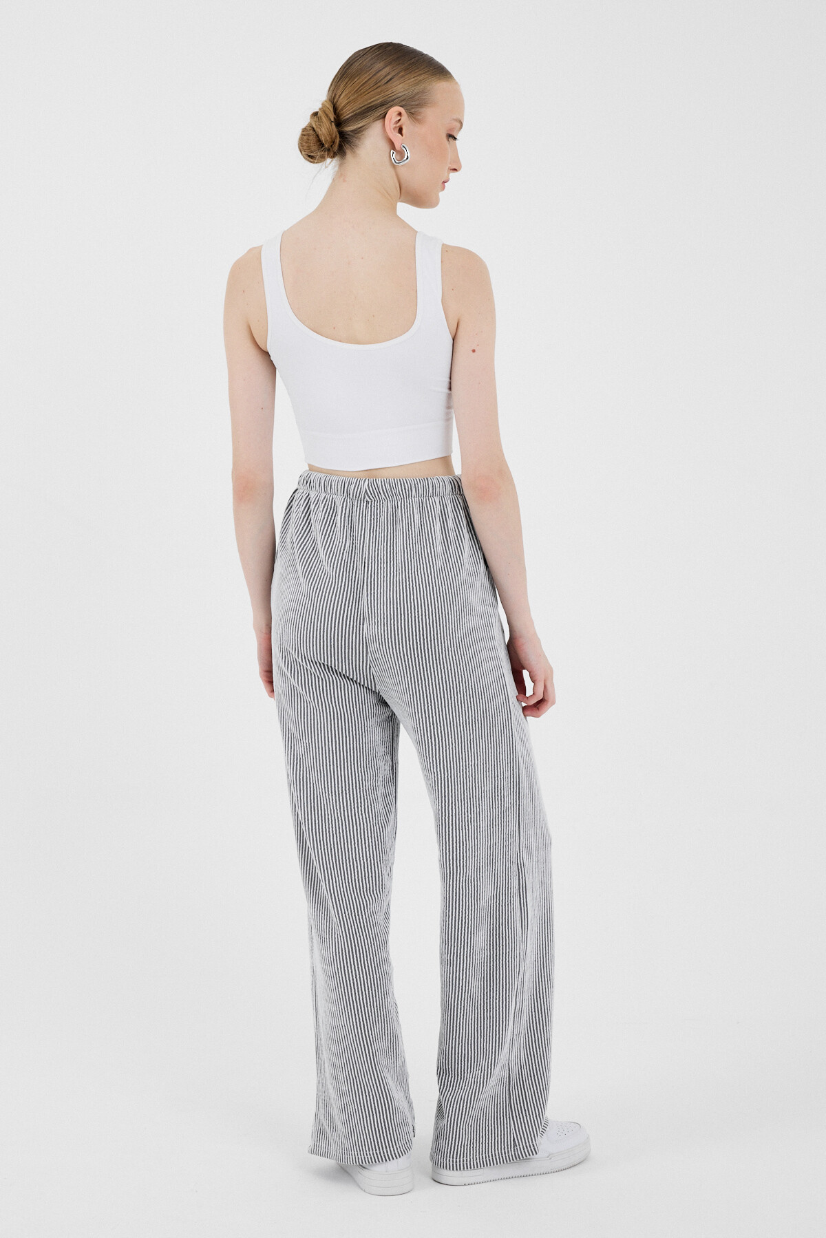 Siyah Beli Lastikli Çizgili Geniş Paça Dokuma Pantolon 4098 - 5