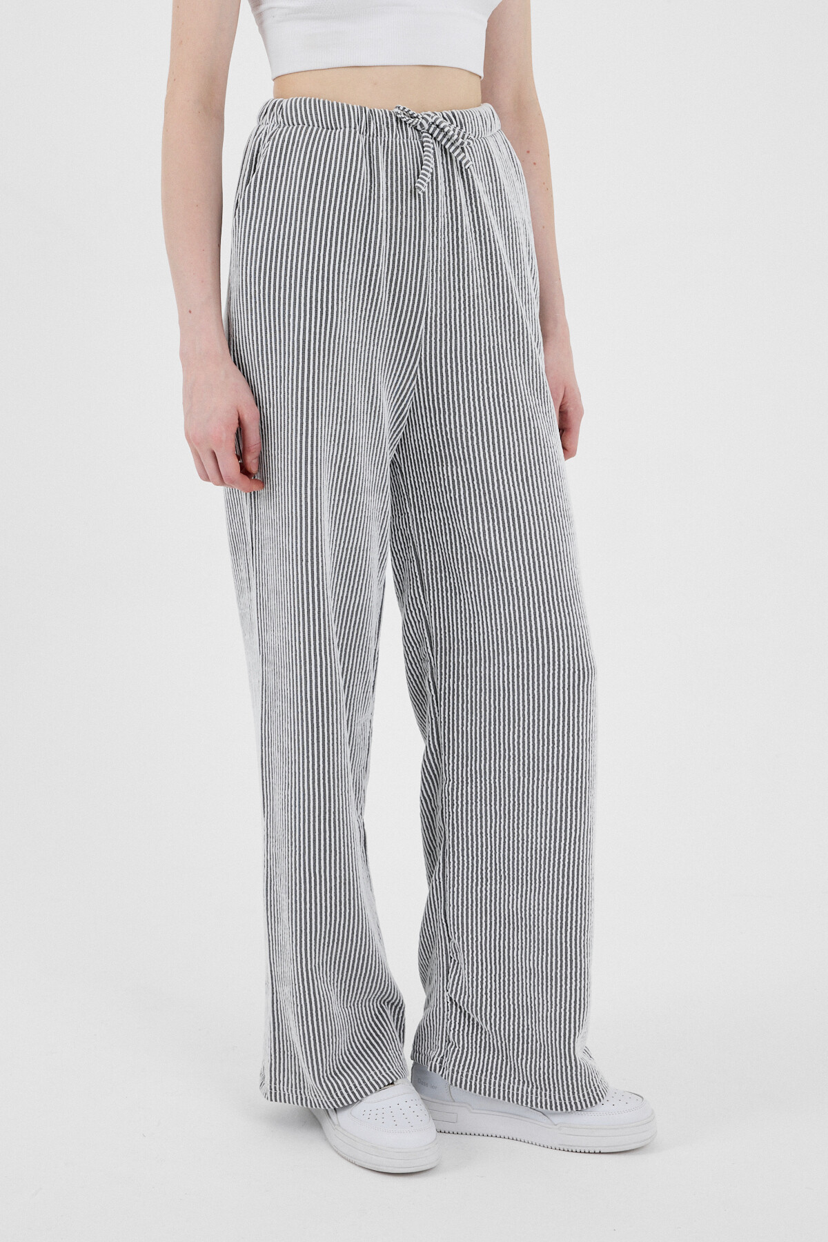 Siyah Beli Lastikli Çizgili Geniş Paça Dokuma Pantolon 4098 - 3