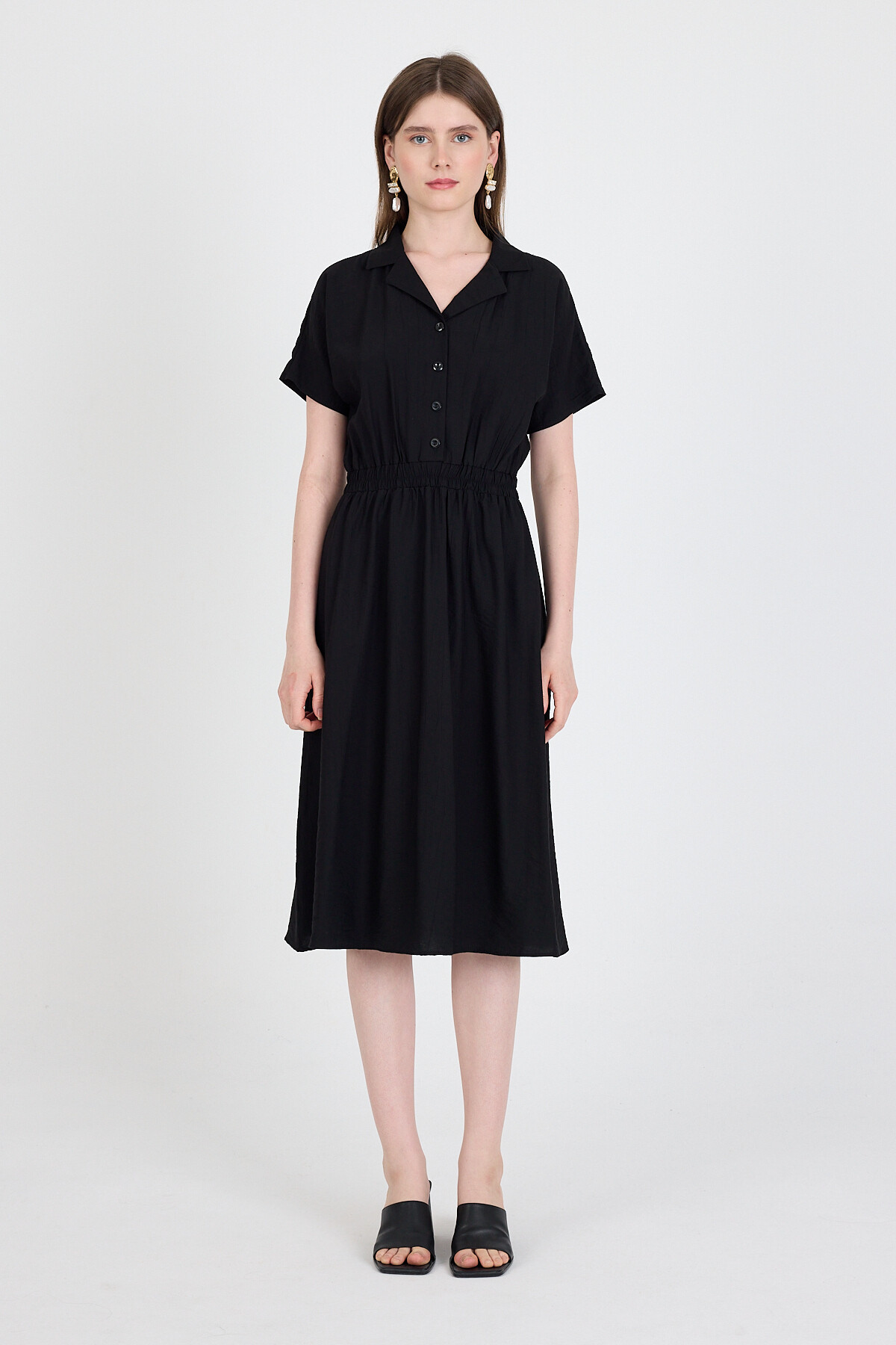 Siyah Beli Lastikli Gömlek Yaka Kısa Kol Midi Elbise 4475A - 1