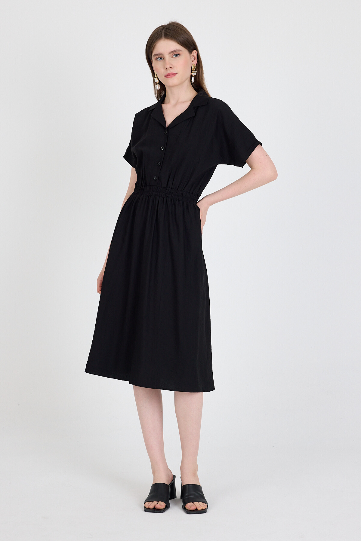 Siyah Beli Lastikli Gömlek Yaka Kısa Kol Midi Elbise 4475A - RAYS