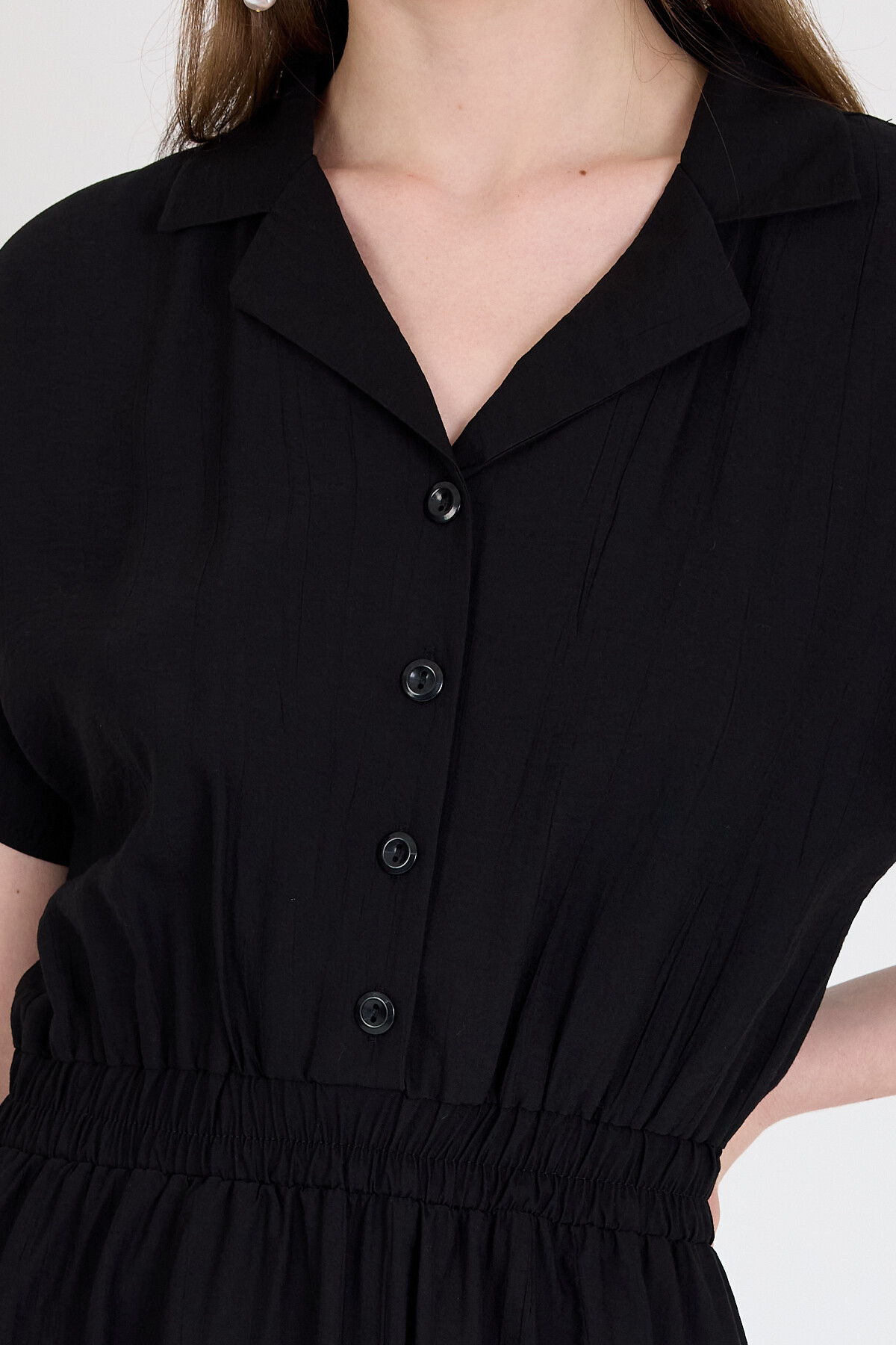 Siyah Beli Lastikli Gömlek Yaka Kısa Kol Midi Elbise 4475A - RAYS