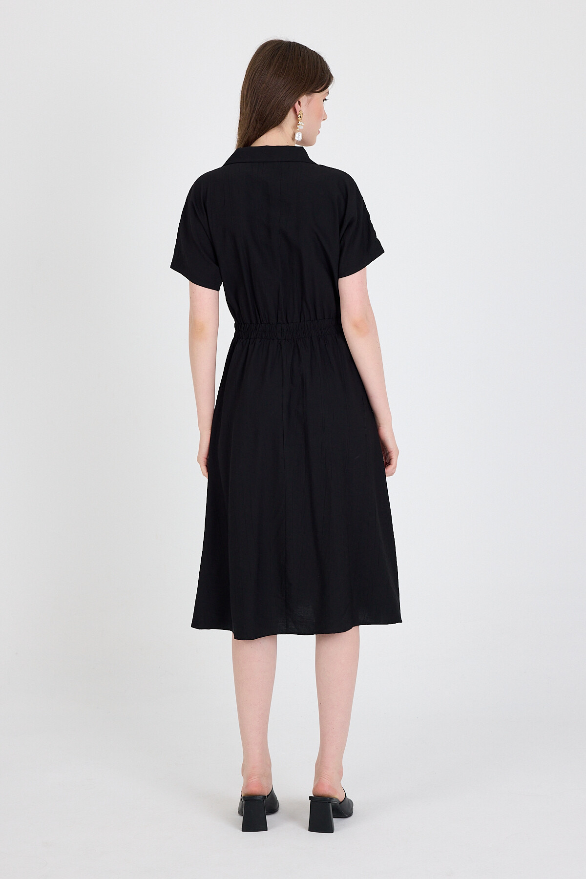 Siyah Beli Lastikli Gömlek Yaka Kısa Kol Midi Elbise 4475A - 5