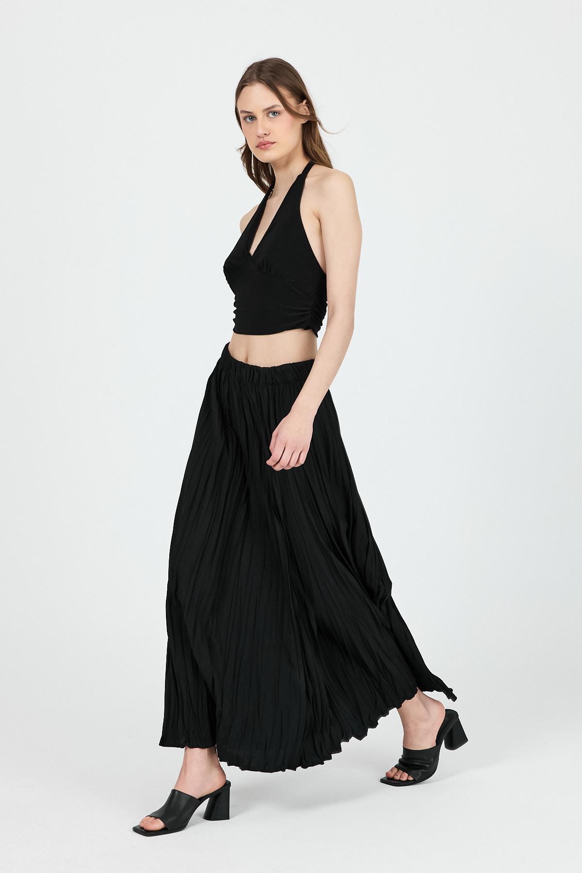 Siyah Beli Lastikli Kırışık Kumaş Etek 4692A - 1