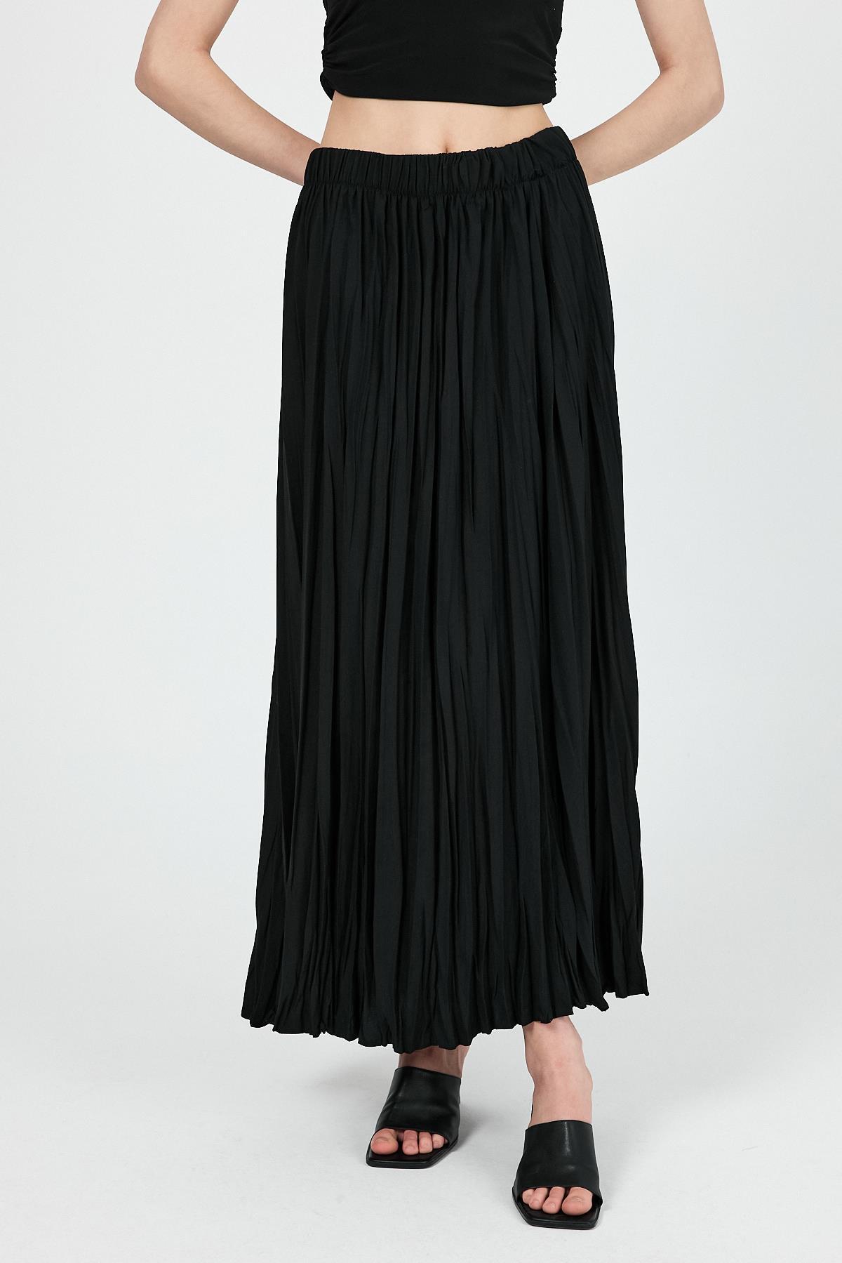 Siyah Beli Lastikli Kırışık Kumaş Etek 4692A - 3