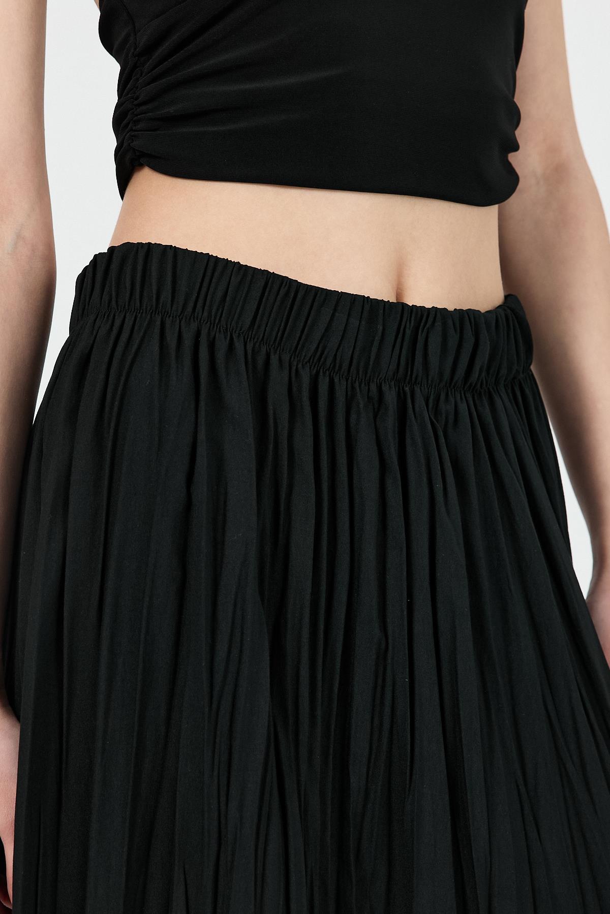 Siyah Beli Lastikli Kırışık Kumaş Etek 4692A - 4