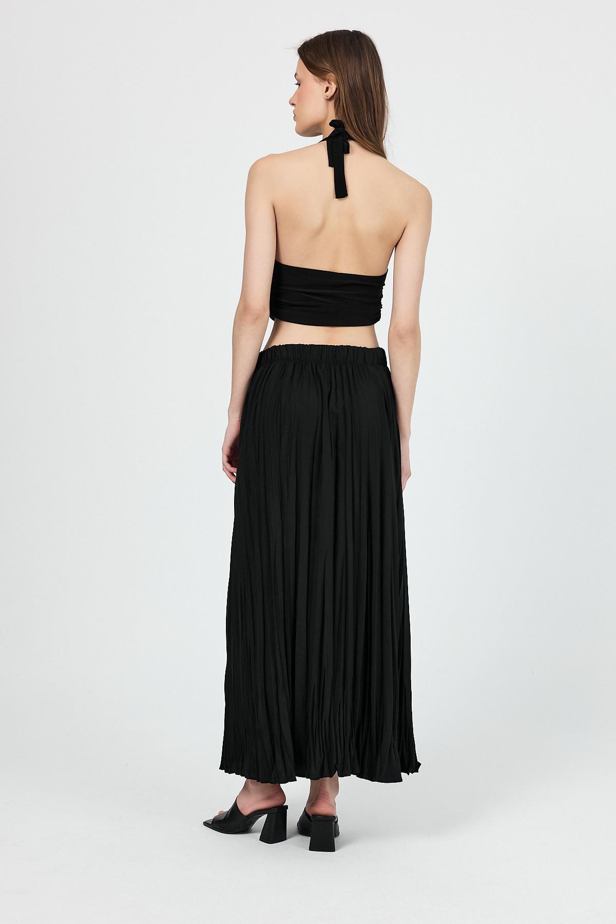 Siyah Beli Lastikli Kırışık Kumaş Etek 4692A - 5